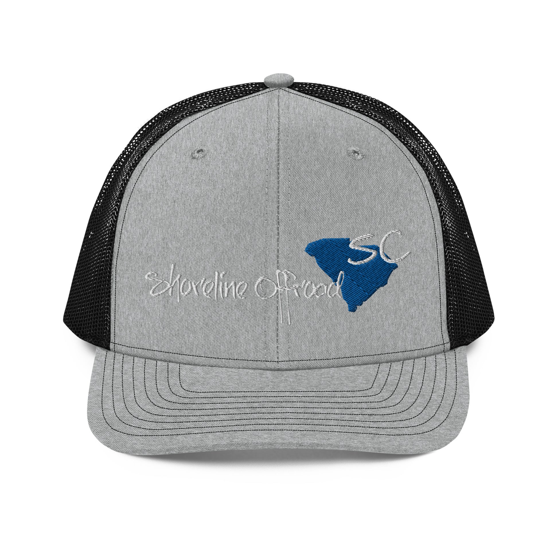 a gray and black trucker hat with the state of south carolina on it