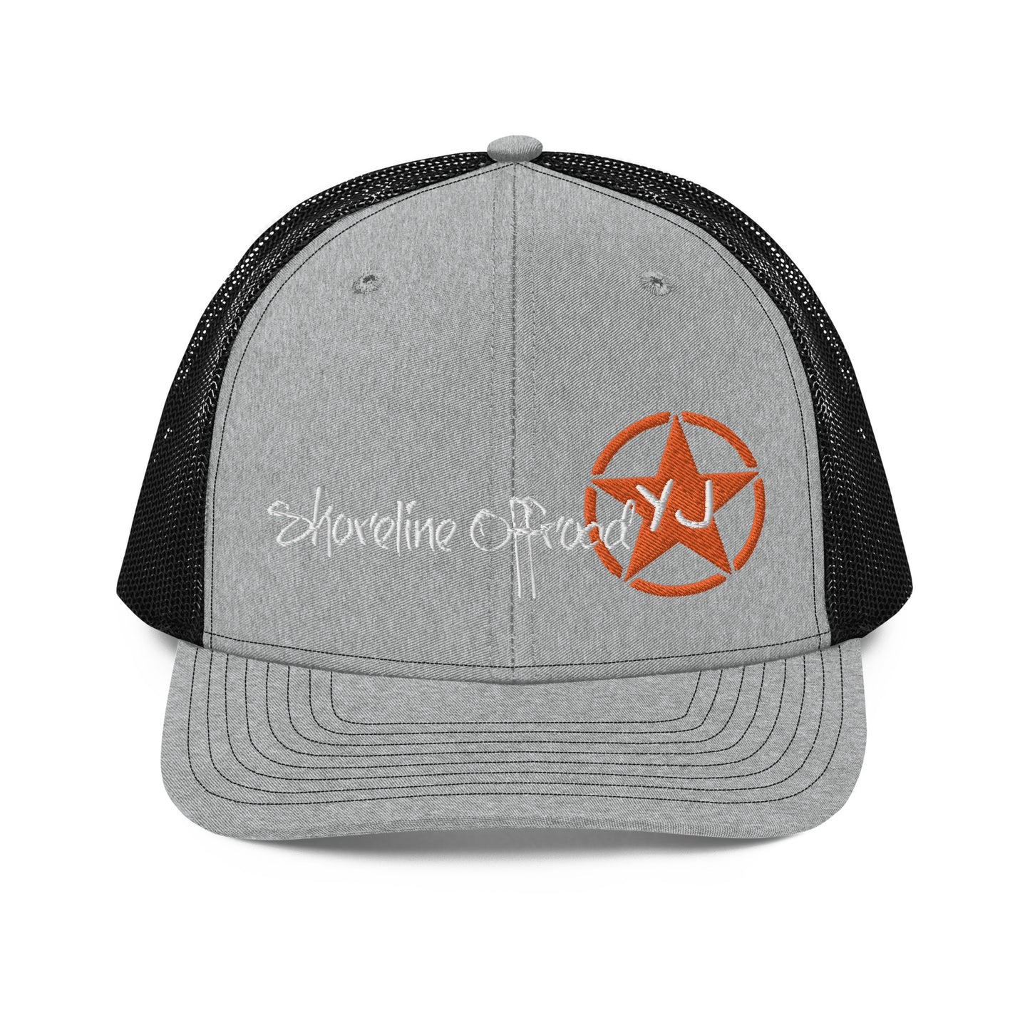 a gray and black trucker hat with an orange star on the front