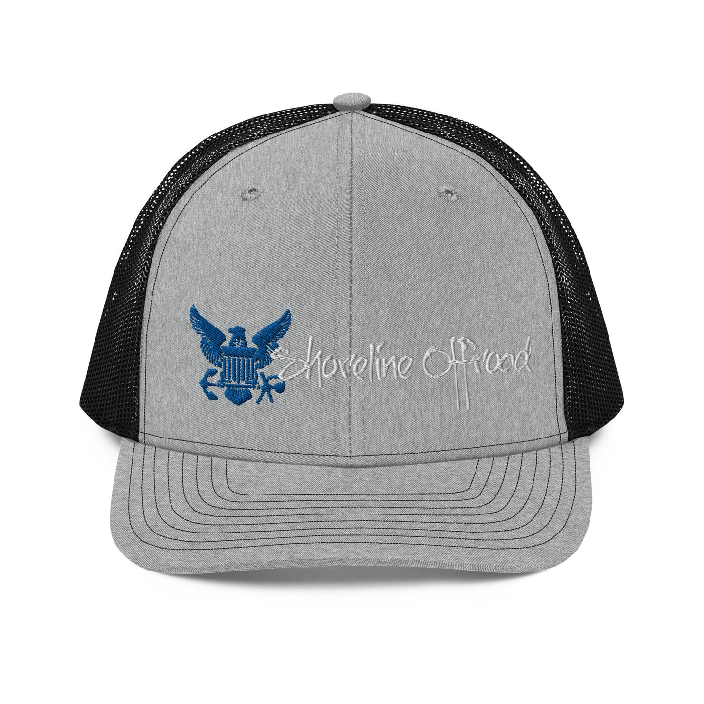 a gray and black trucker hat with an eagle on it