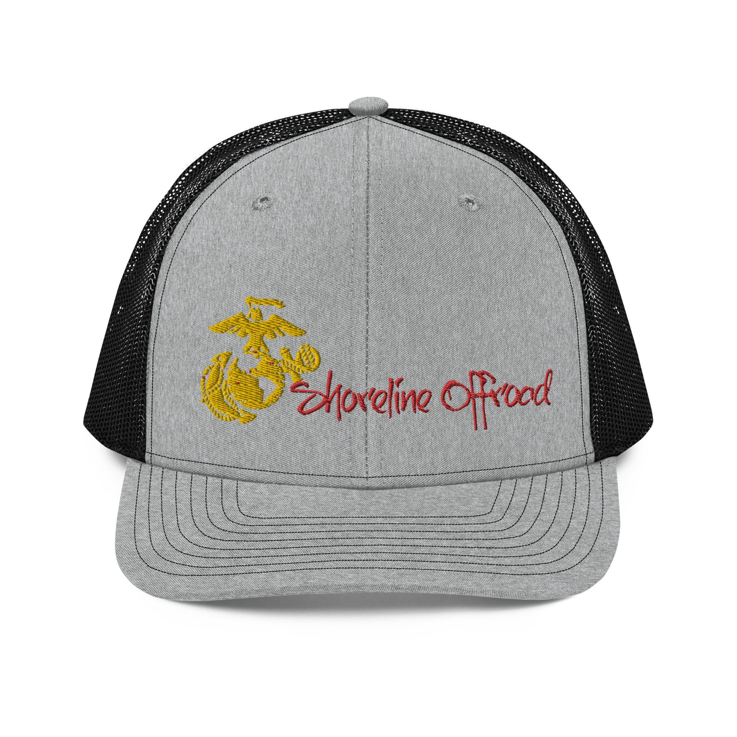 a gray and black trucker hat with the marine service embroidered on it