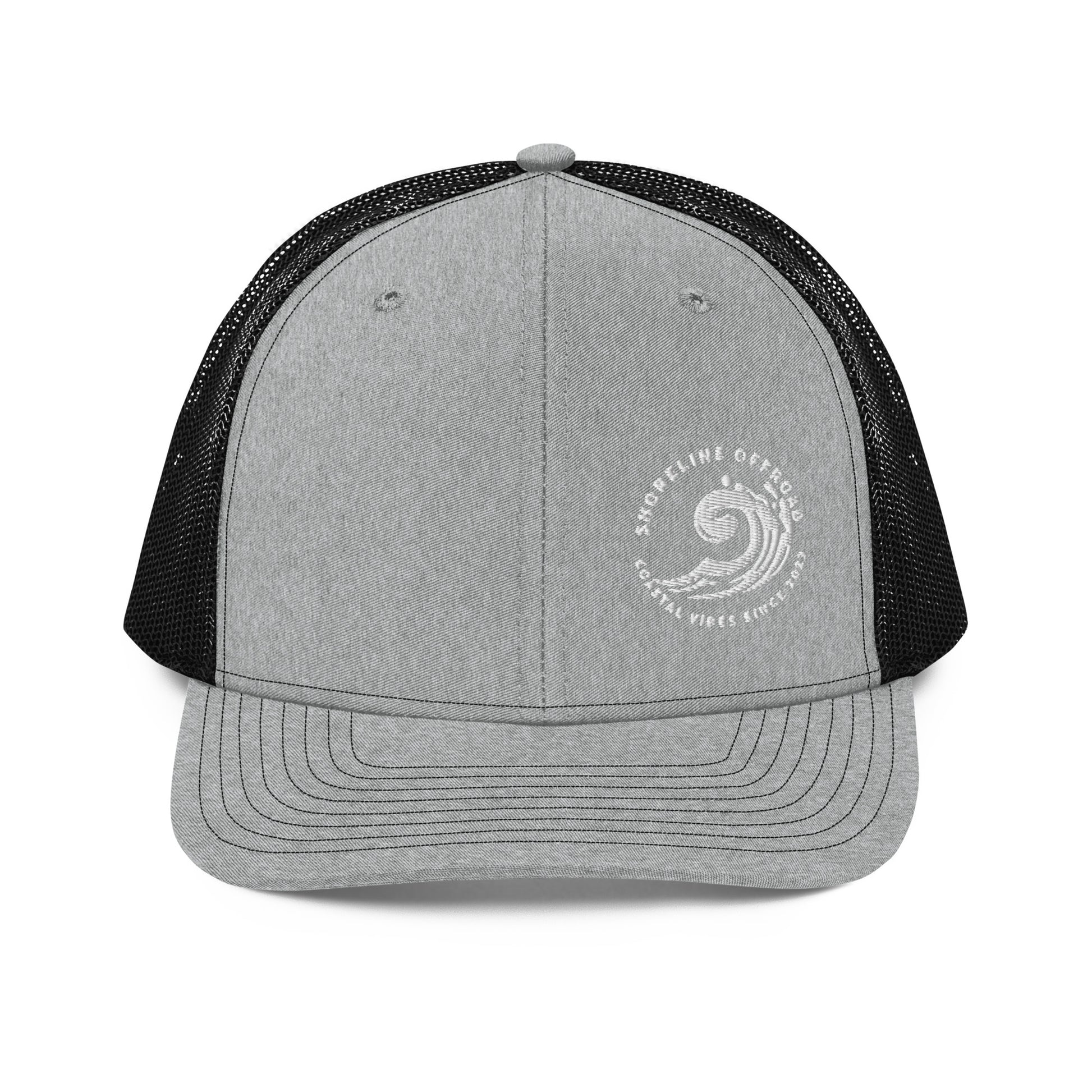 a gray and black trucker hat with a white logo