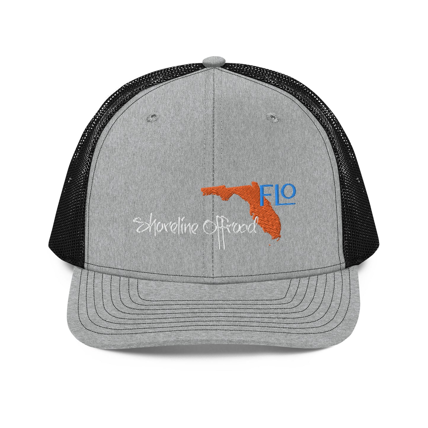 a gray and black trucker hat with an orange bird on it