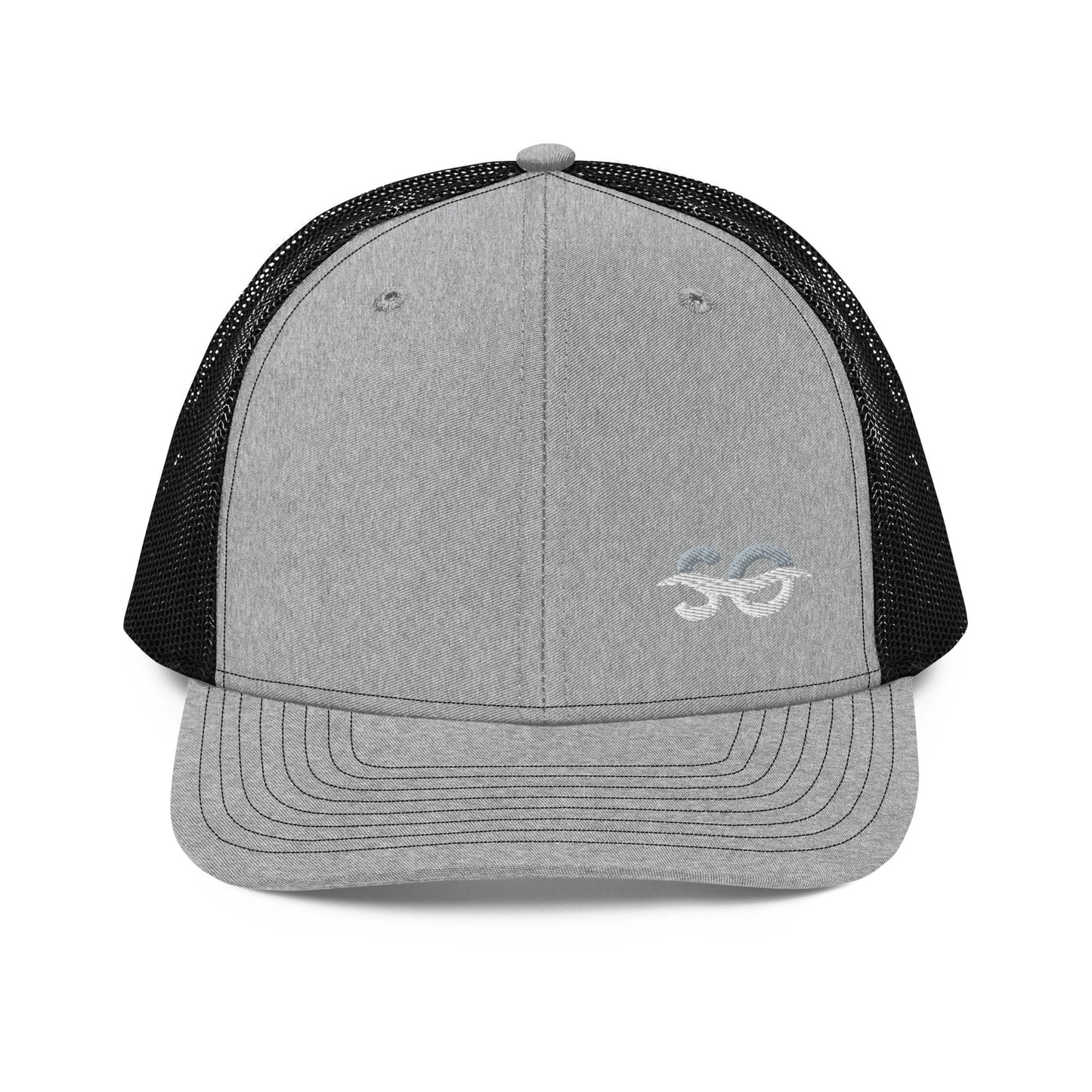 a gray and black trucker hat with a black mesh back