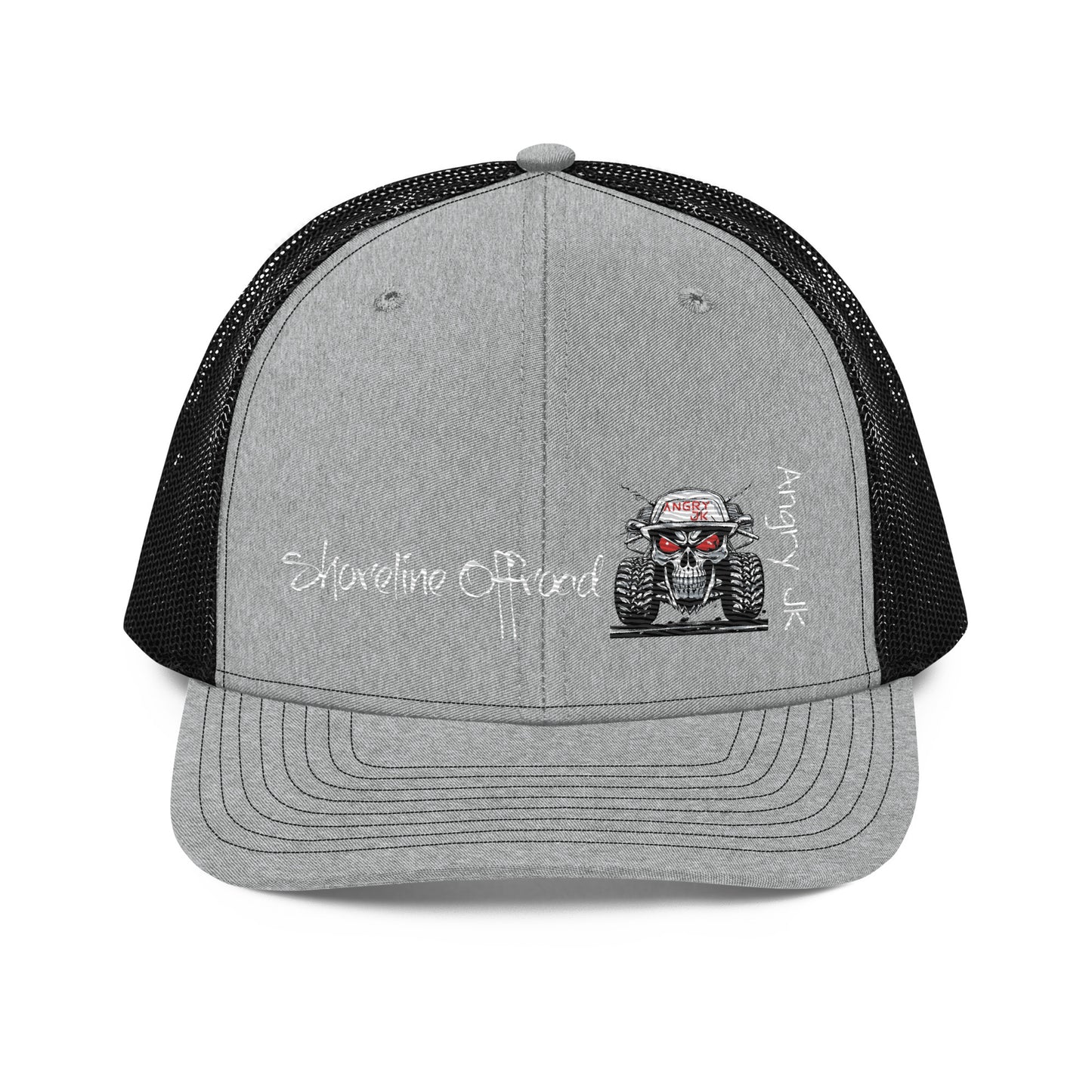 a gray and black trucker hat with a picture of a monster on it