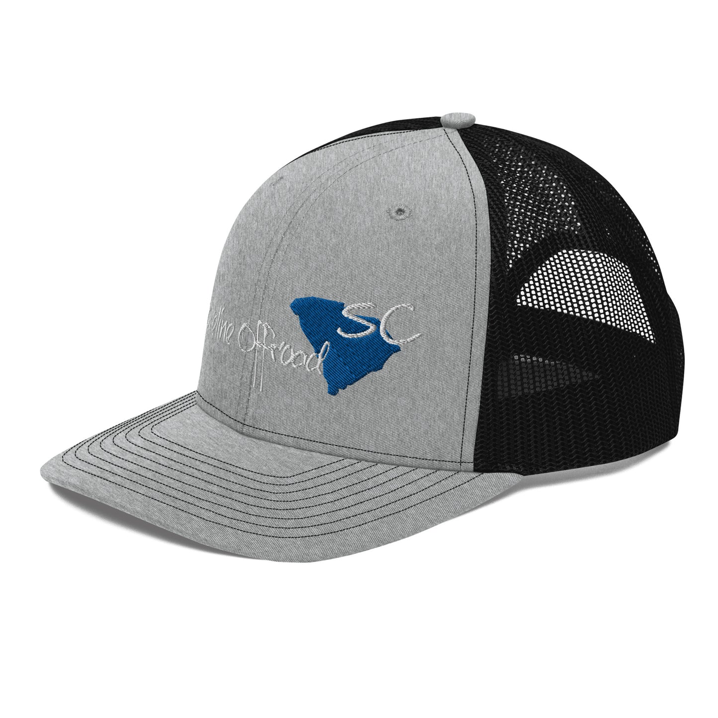 a gray and black trucker hat with the state of south carolina on it