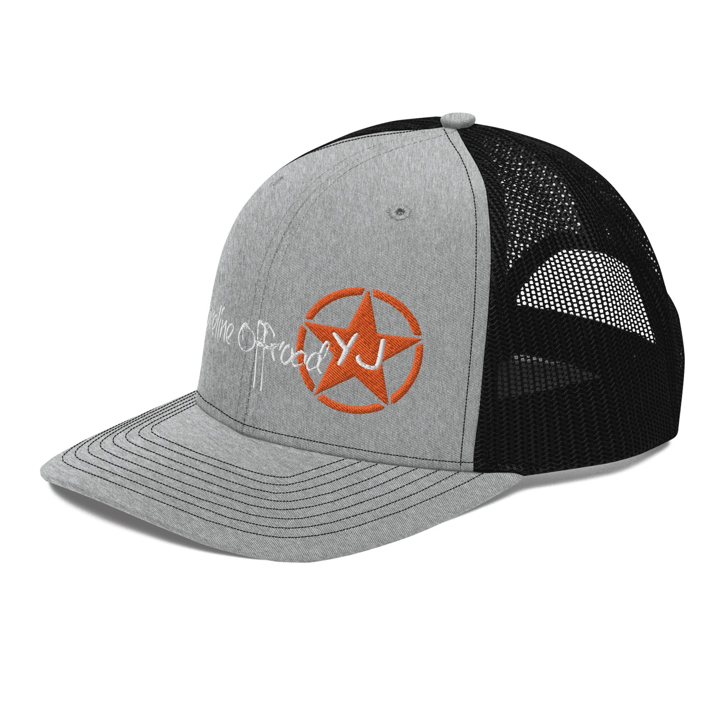 a gray and black hat with an orange star on it