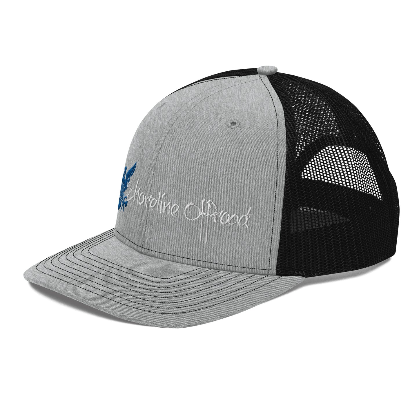 a gray and black trucker hat with a blue horse on it