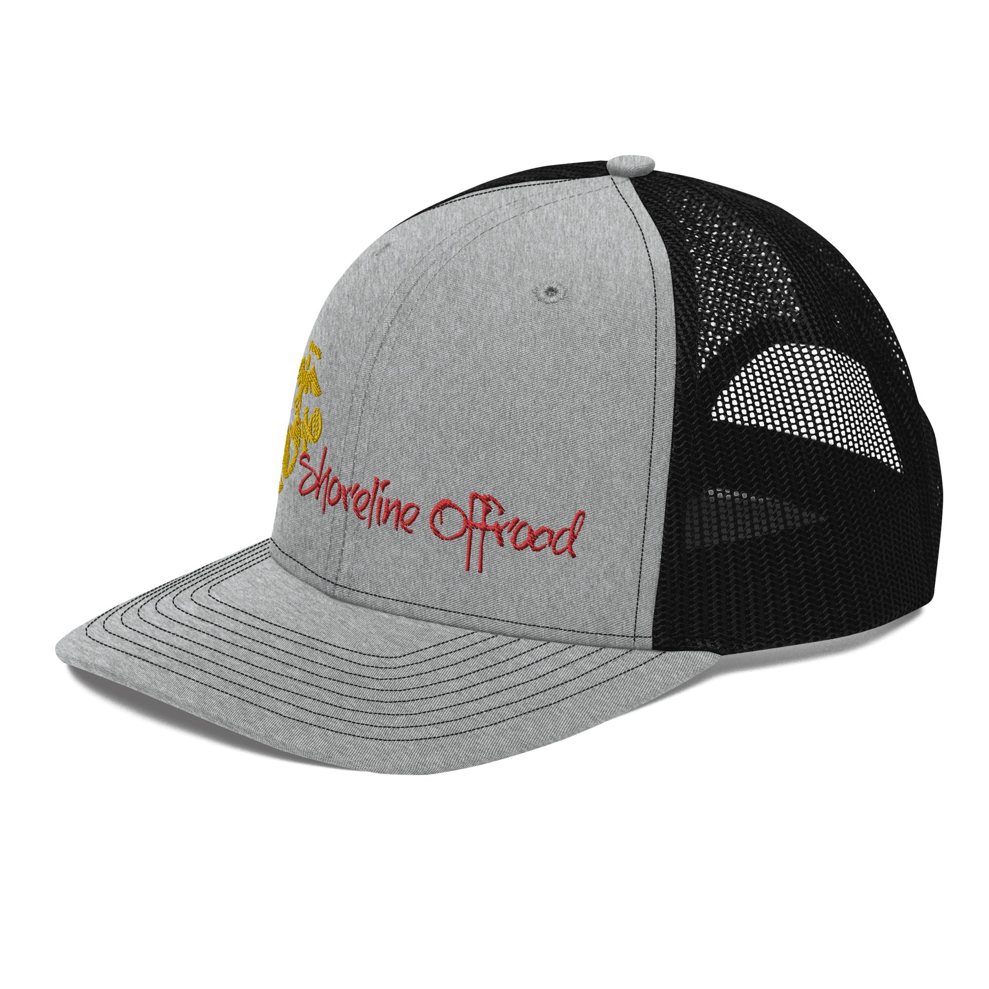 a grey and black hat with a red and yellow logo