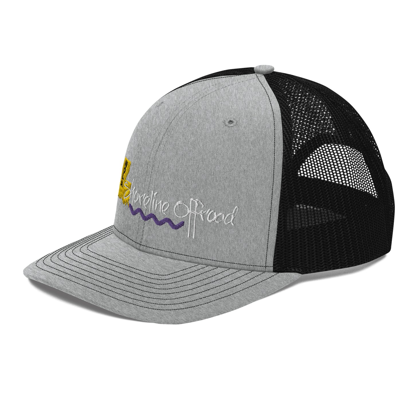 a grey and black hat with a yellow and white logo