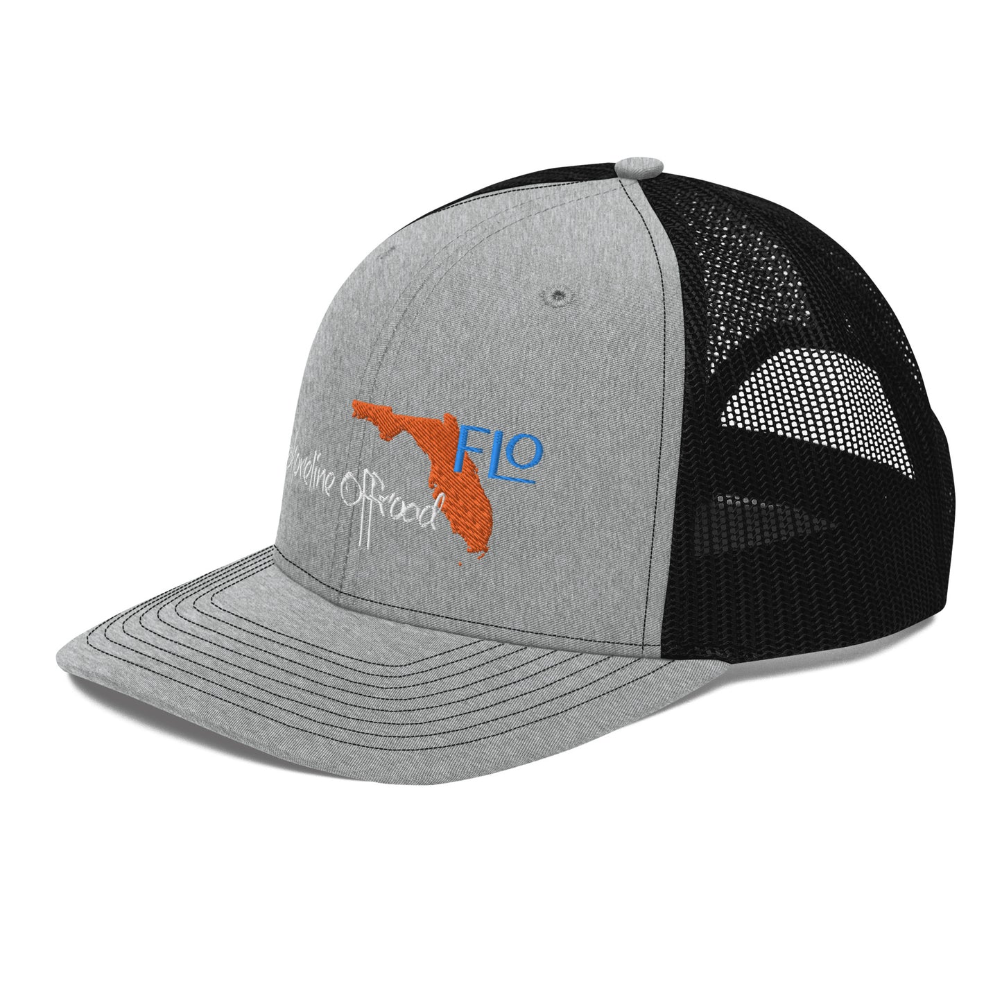 a gray and black trucker hat with the word florida on it