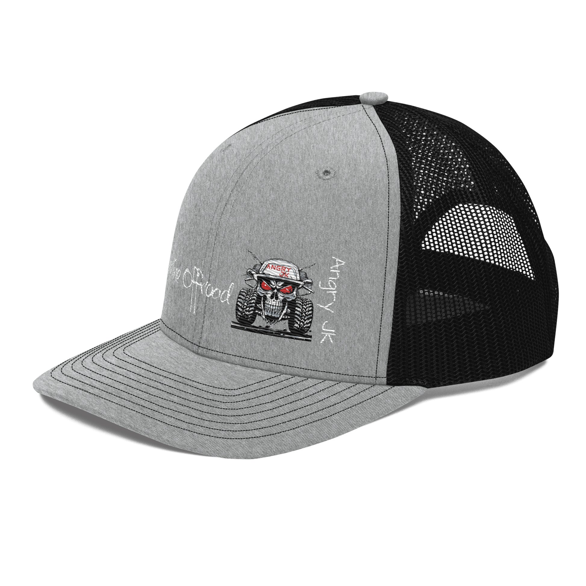 a gray and black trucker hat with a skull on it