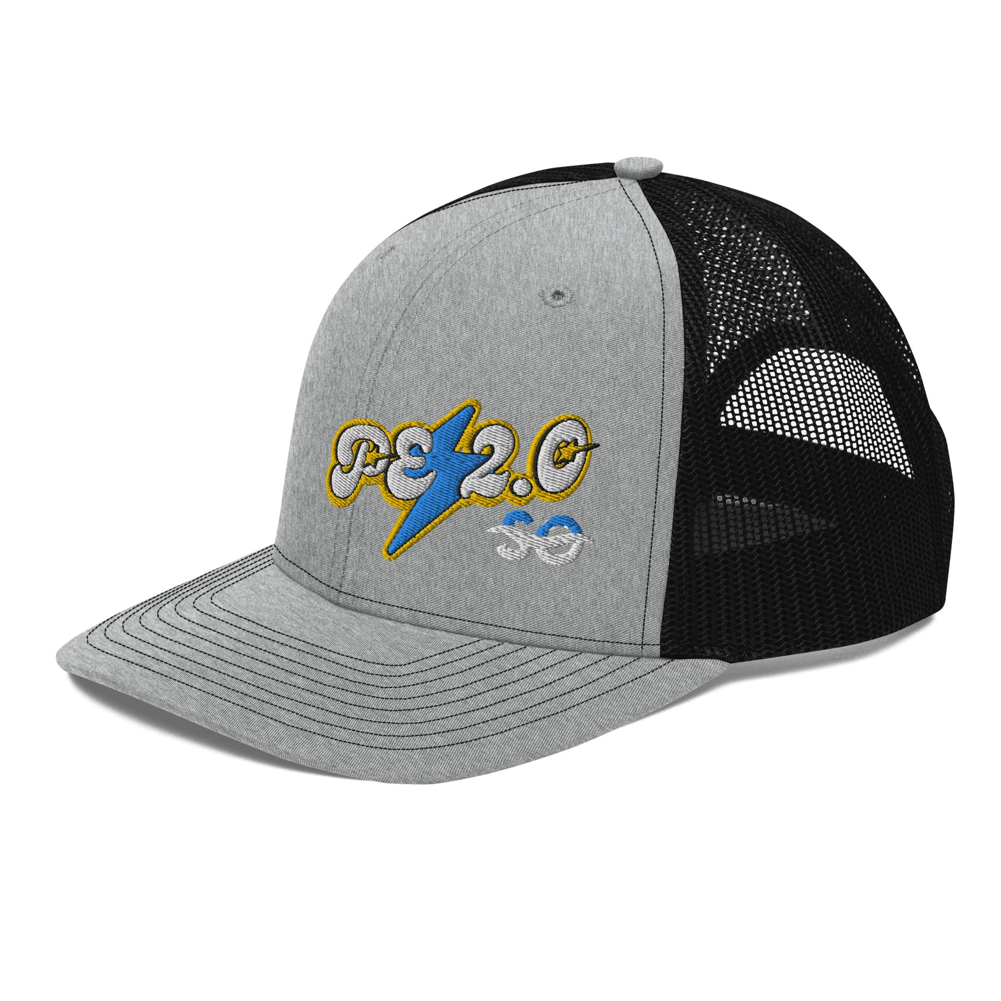 a gray and black hat with a logo on it