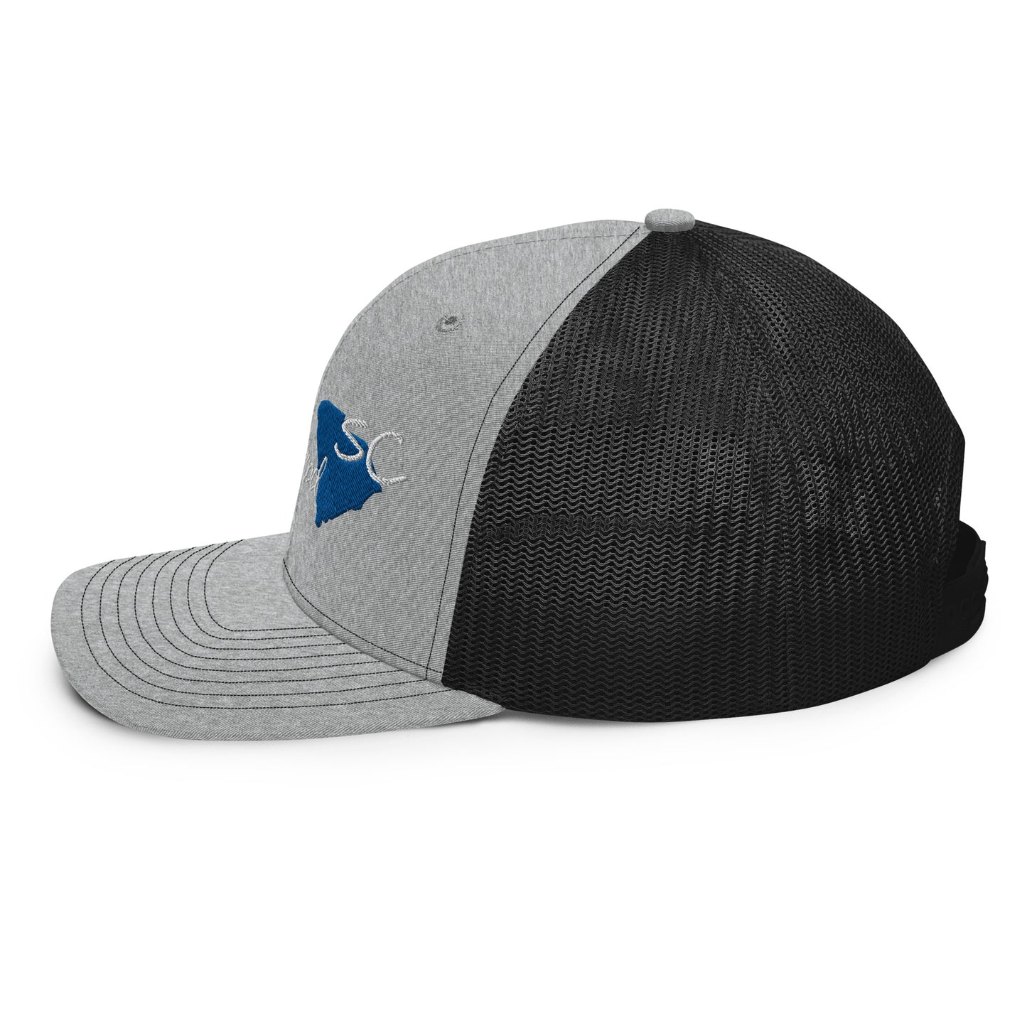 a black and grey hat with a blue star on it