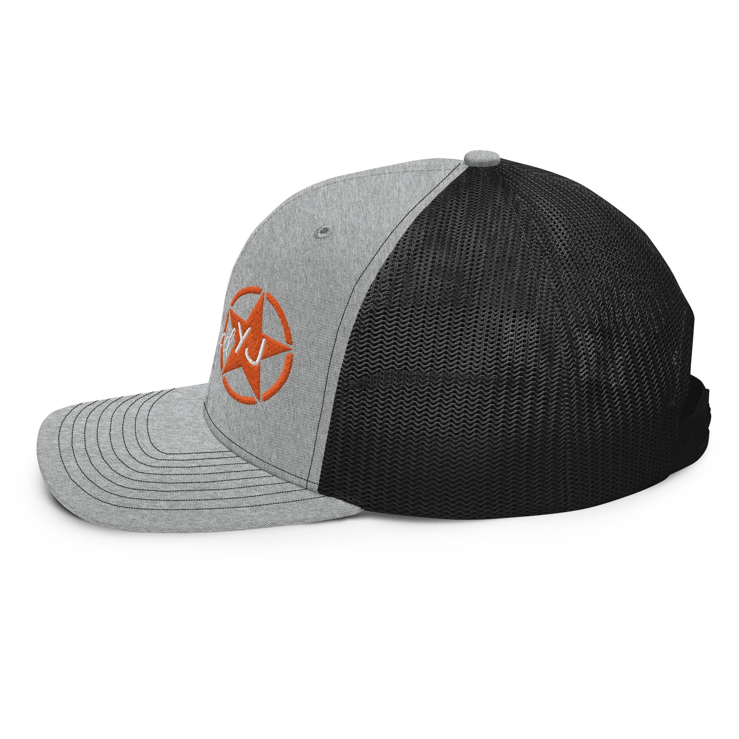 a grey and black hat with an orange star on it