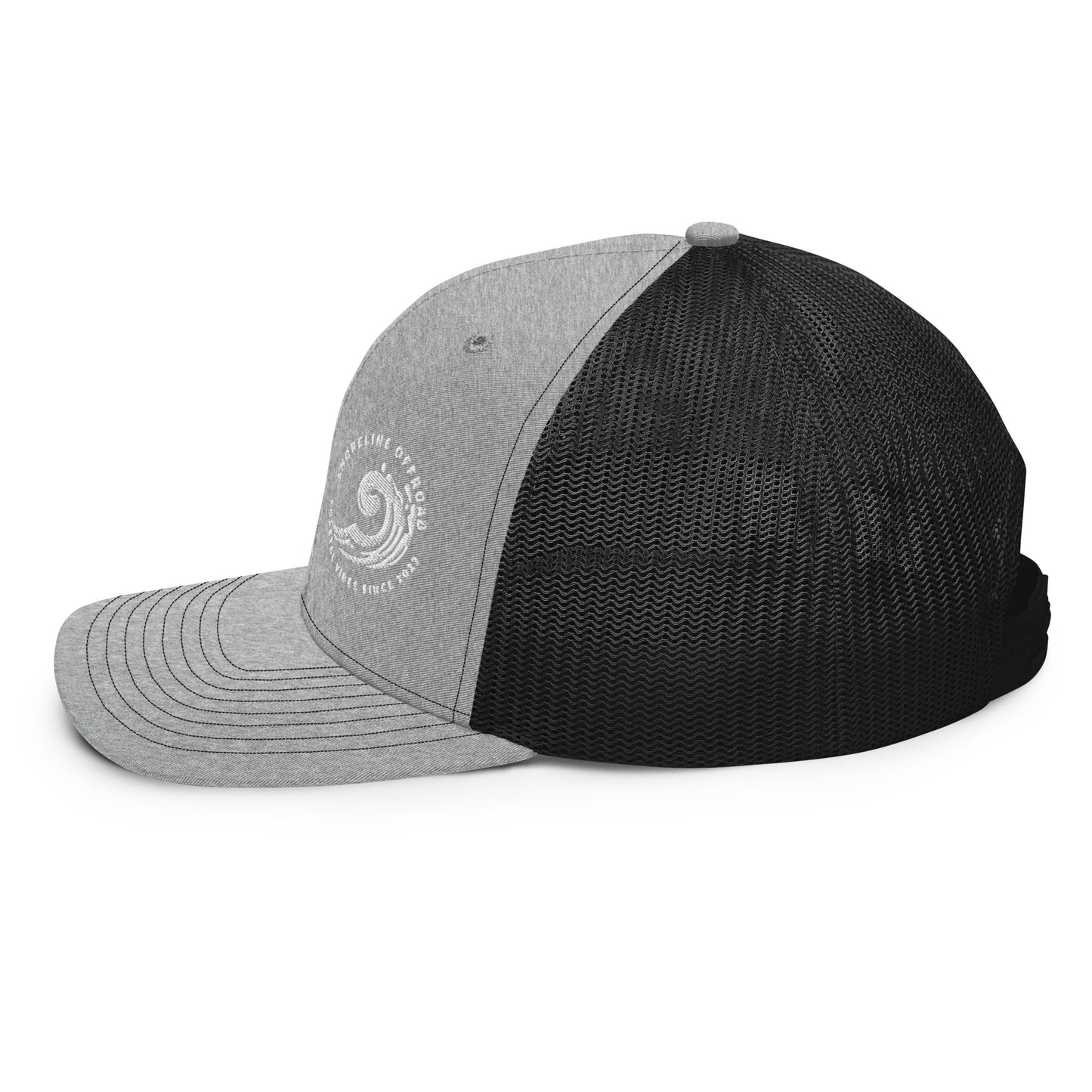 a black and grey hat on a white background