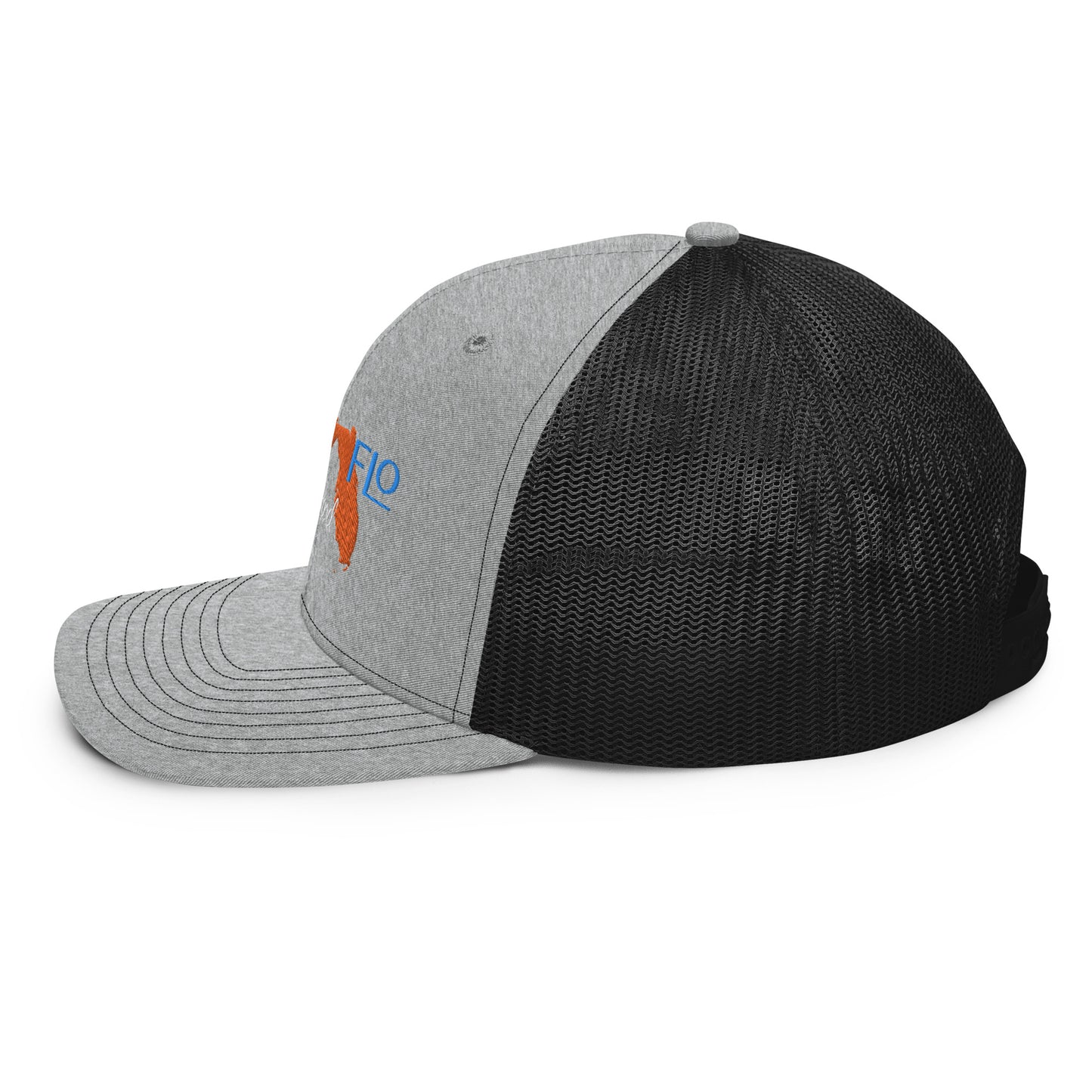 a grey and black hat with an orange and blue logo