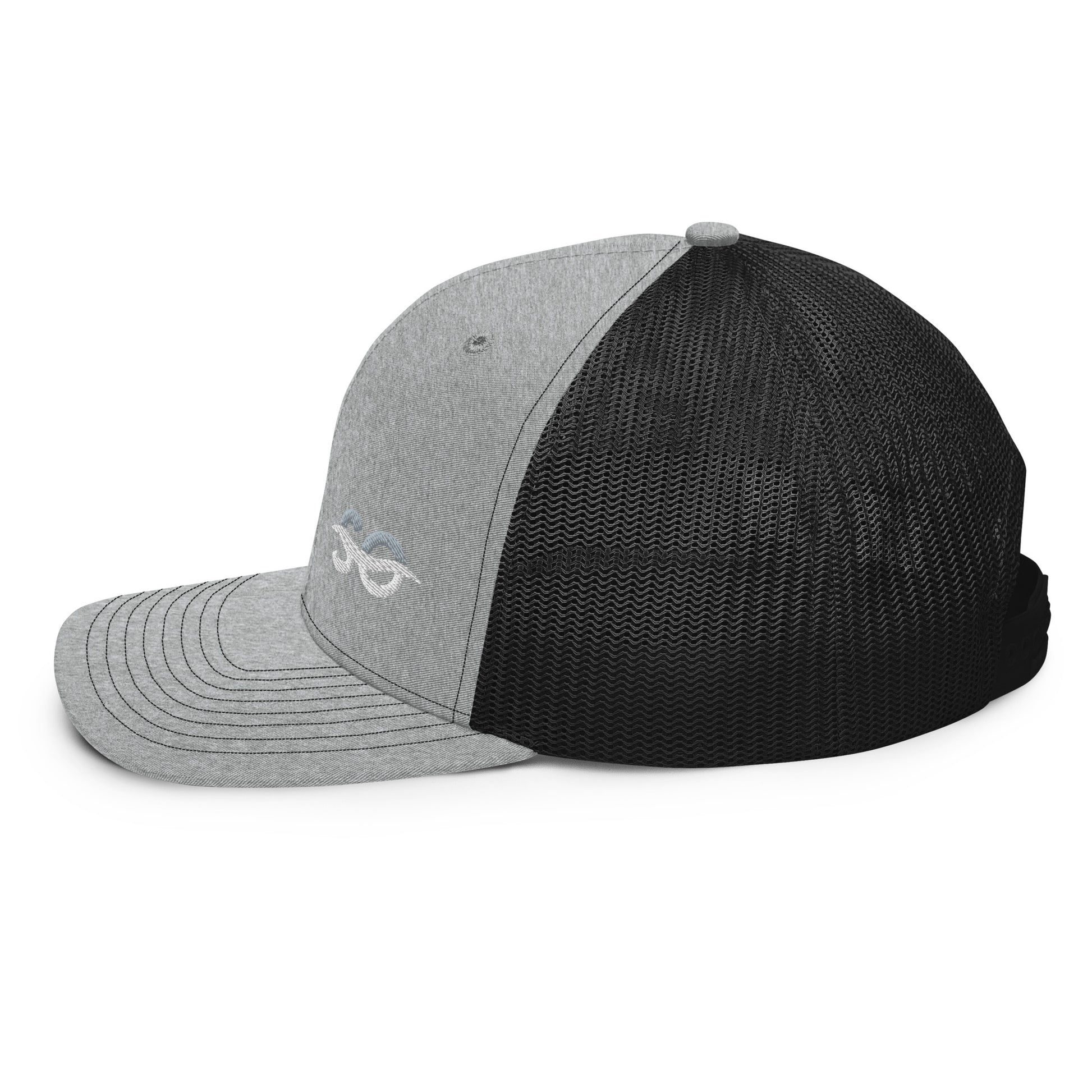 a black and grey hat with a white logo