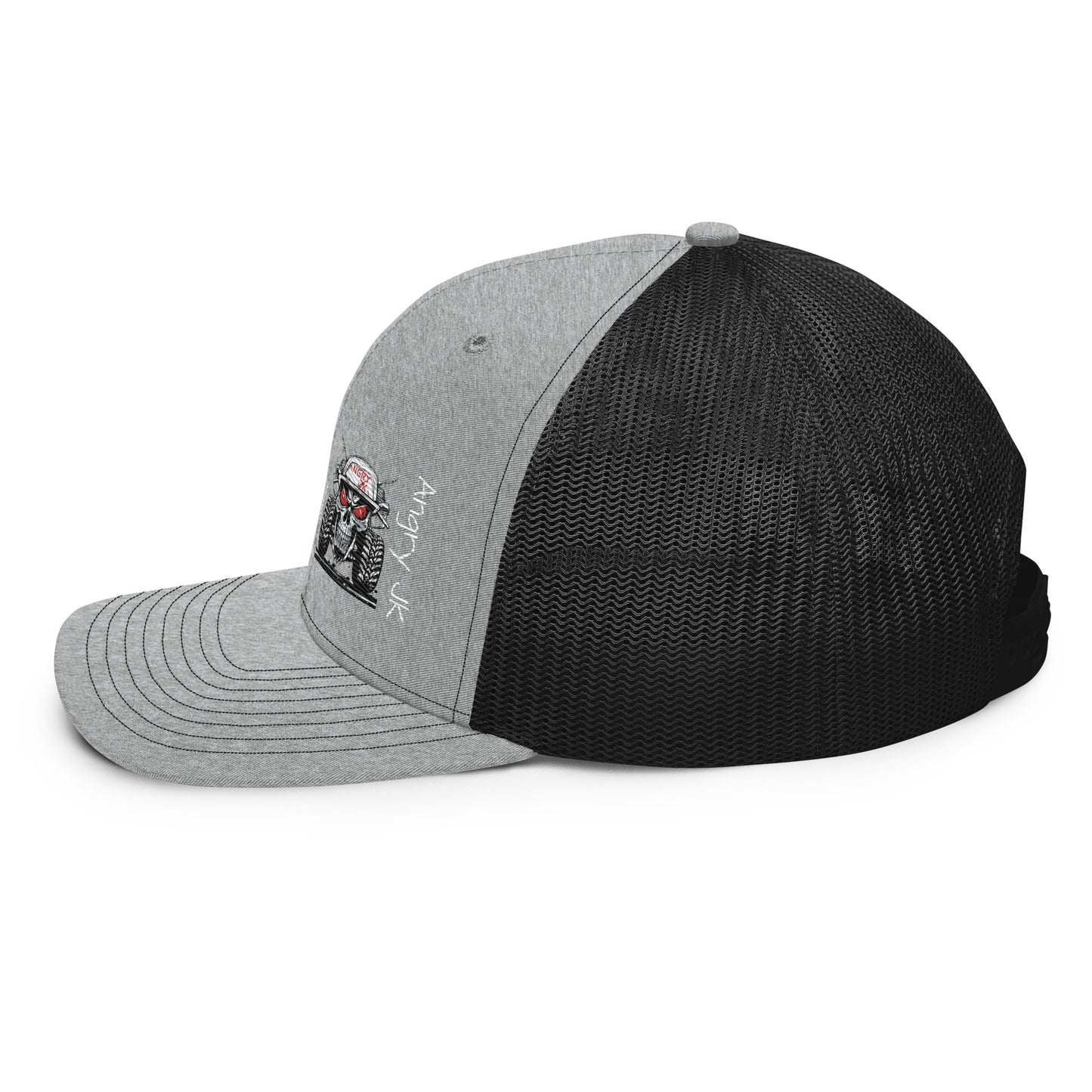 a black and grey hat with a skull on it