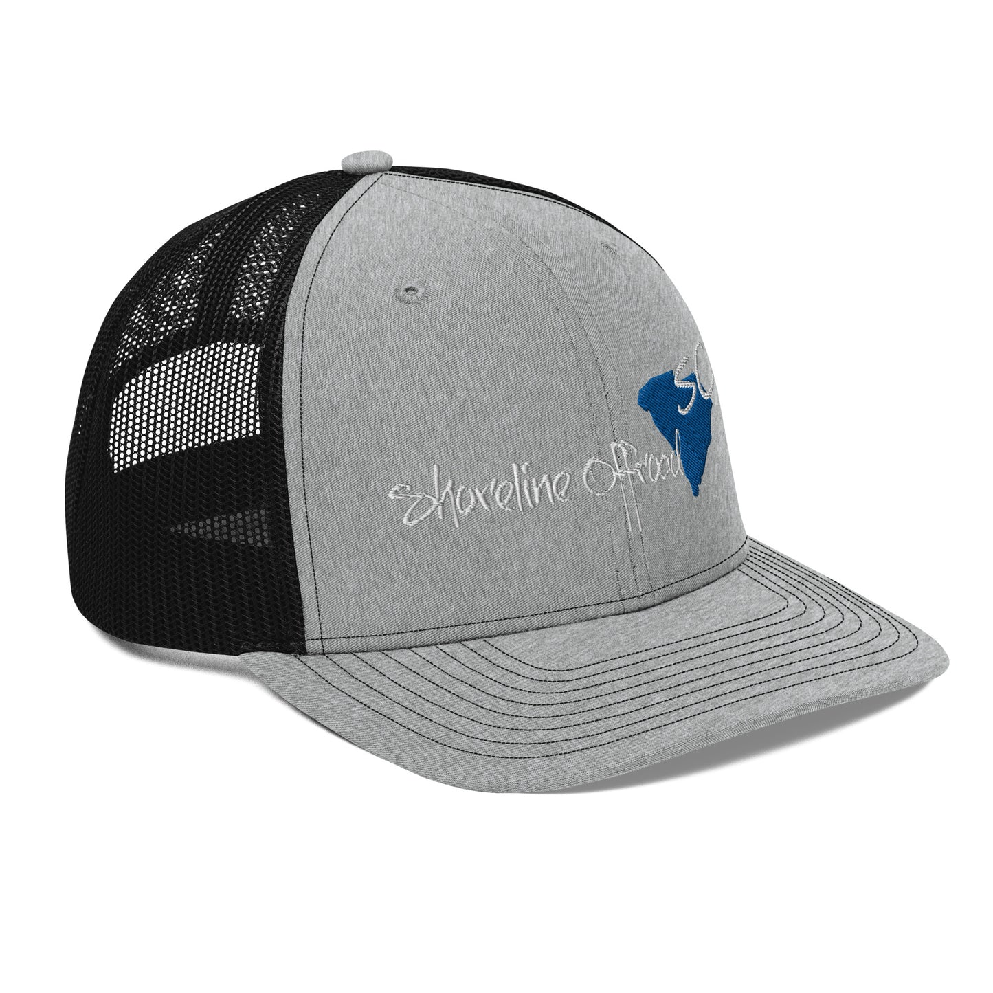 a gray and black trucker hat with a blue bull embroidered on the front