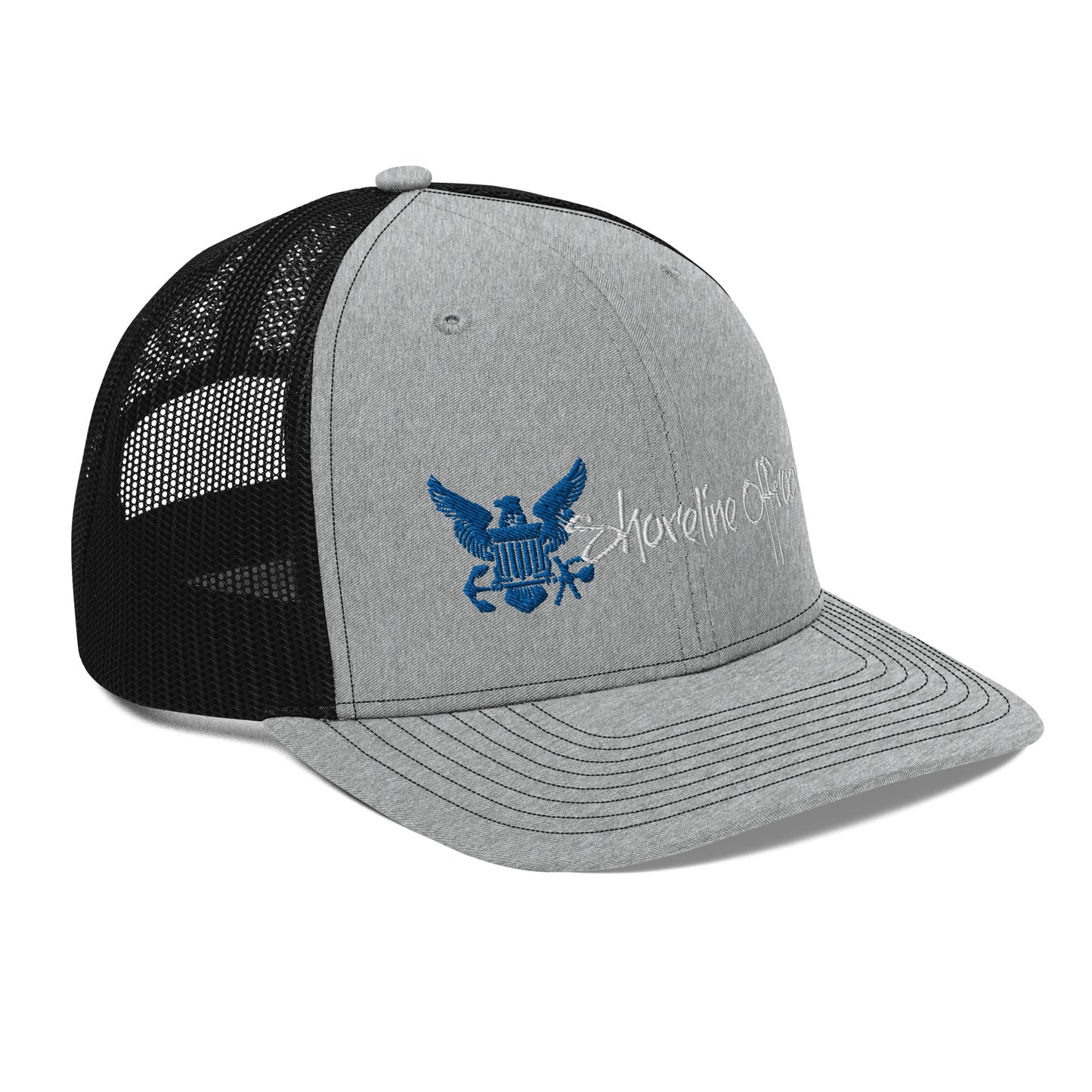 a gray and black hat with an eagle on it