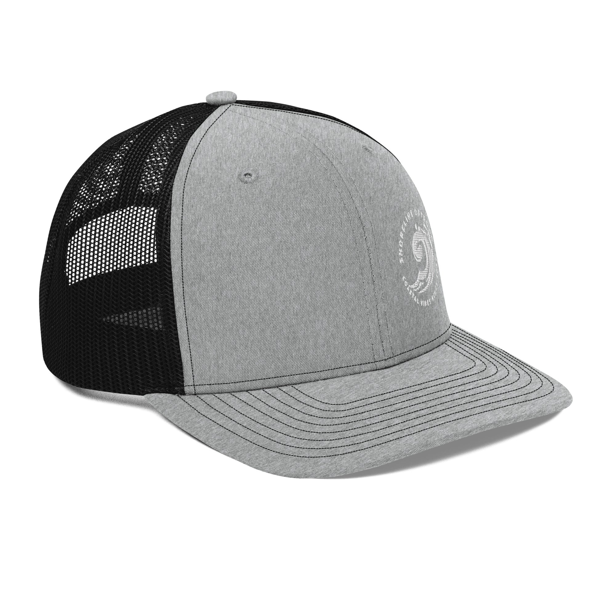 a grey and black hat with a white logo
