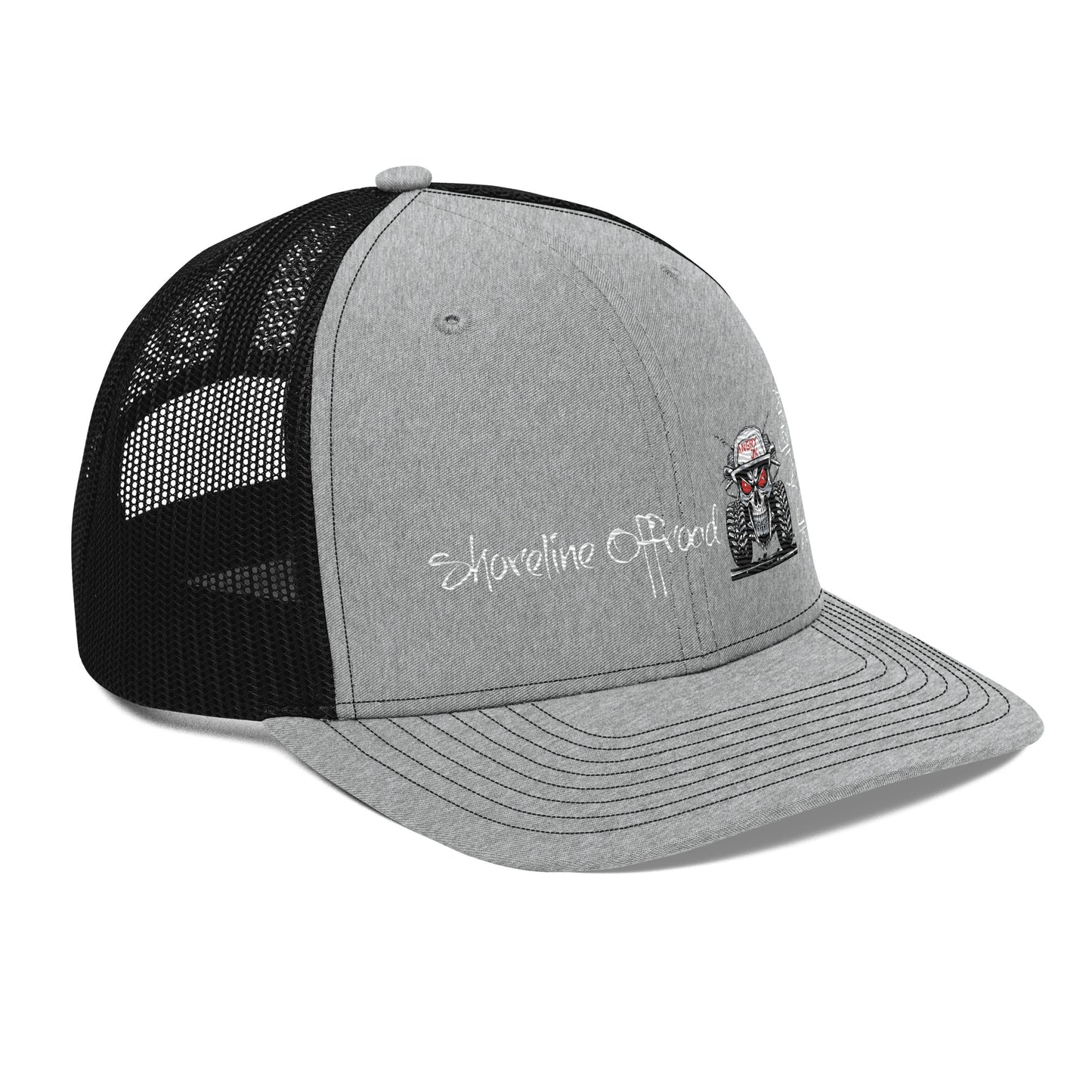 a gray and black trucker hat with the words adventure friends on it