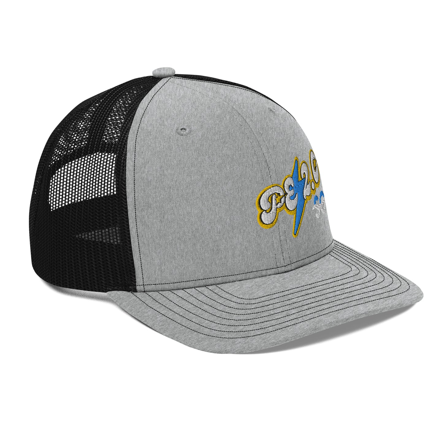 a gray and black hat with a yellow and blue logo