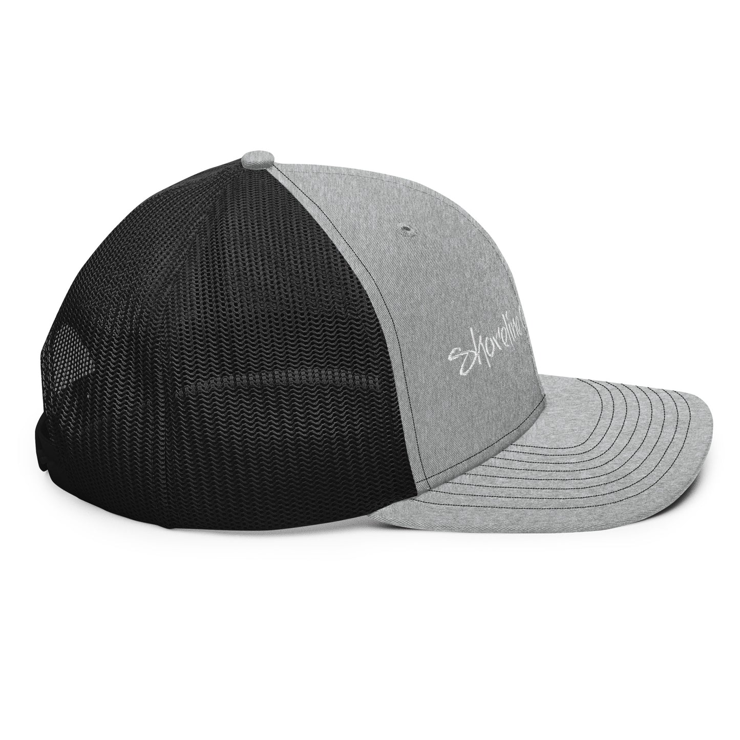 a black and grey hat with a white logo