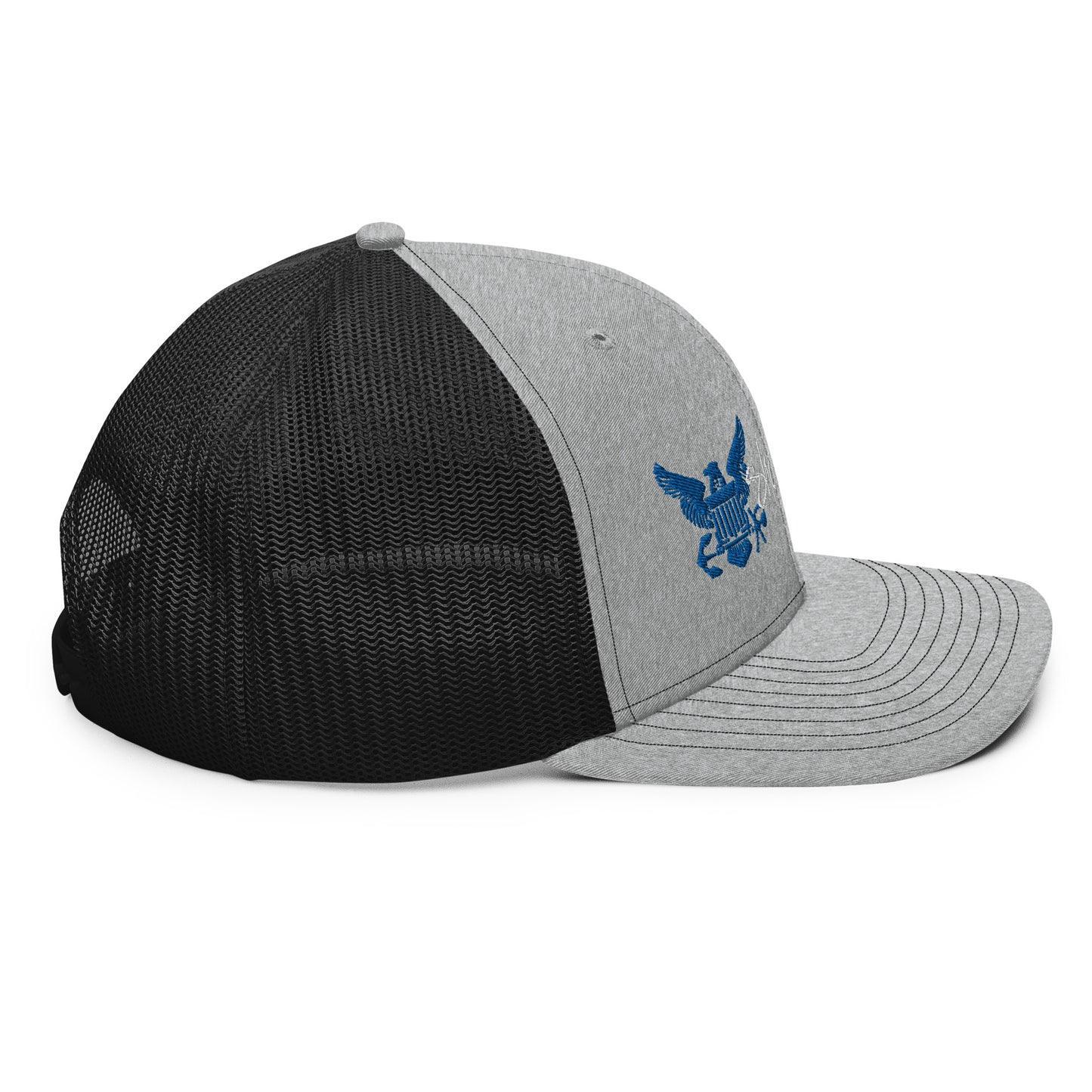 a grey and black hat with a blue eagle on it