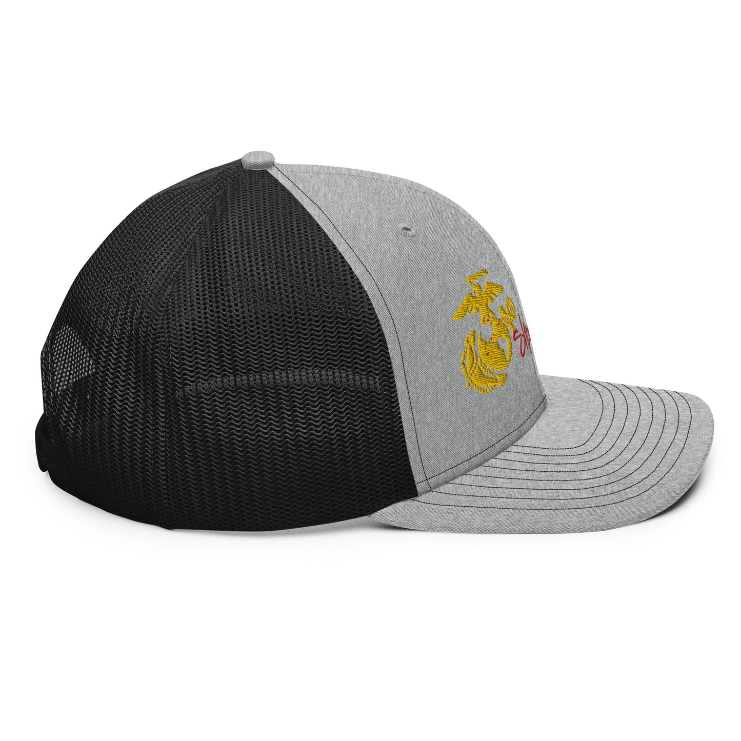 a grey and black hat with a yellow emblem