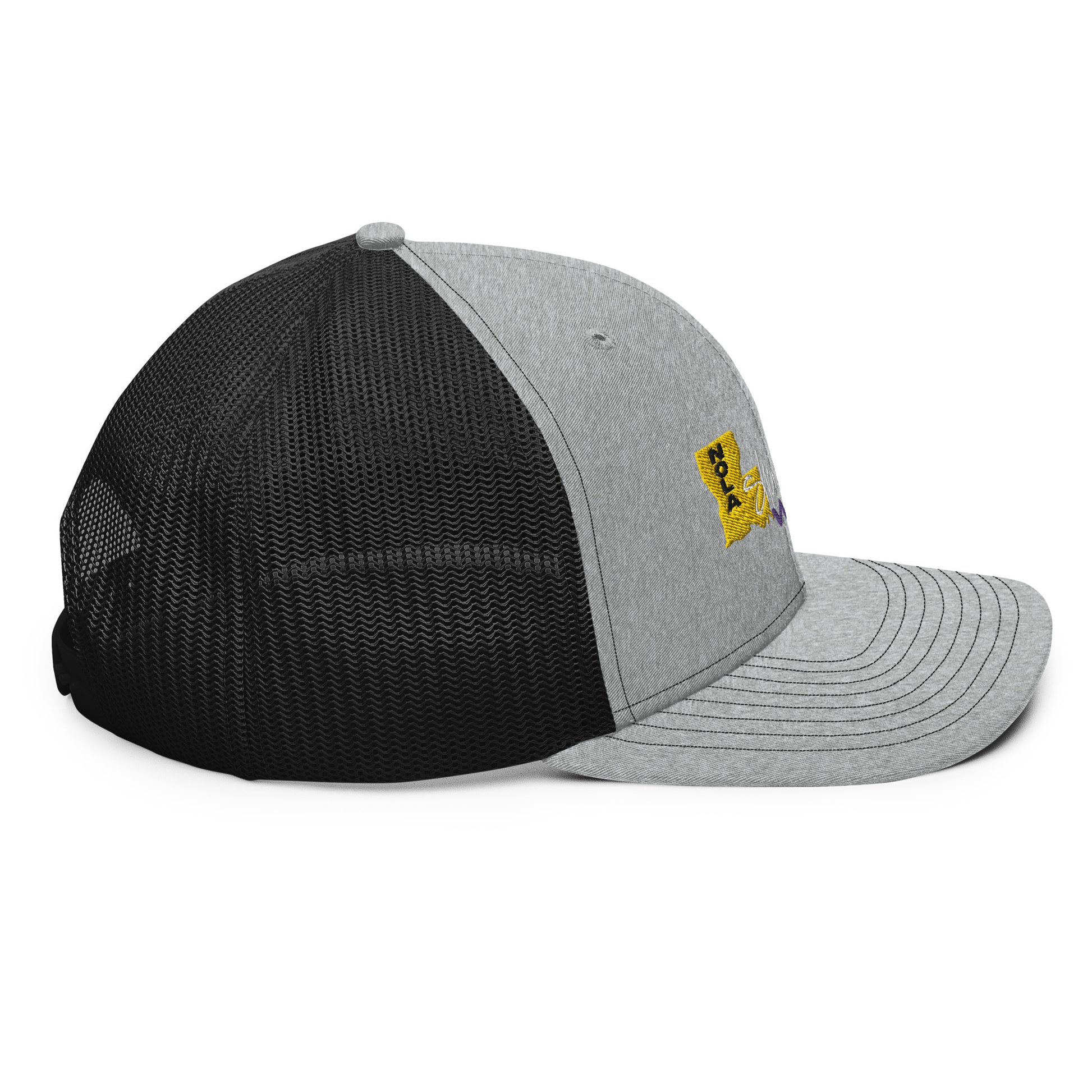 a grey and black hat with a yellow patch