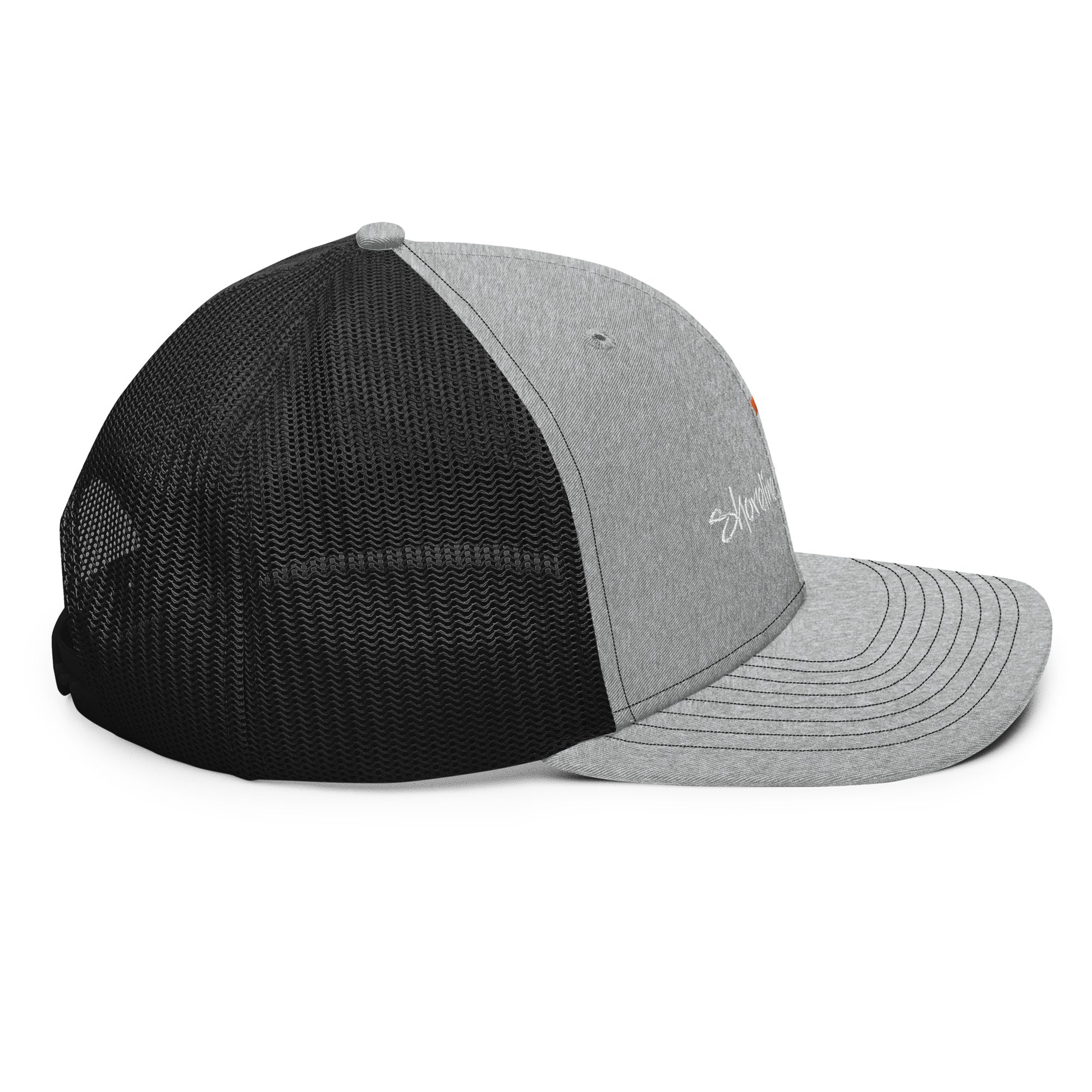 a grey and black hat on a white background