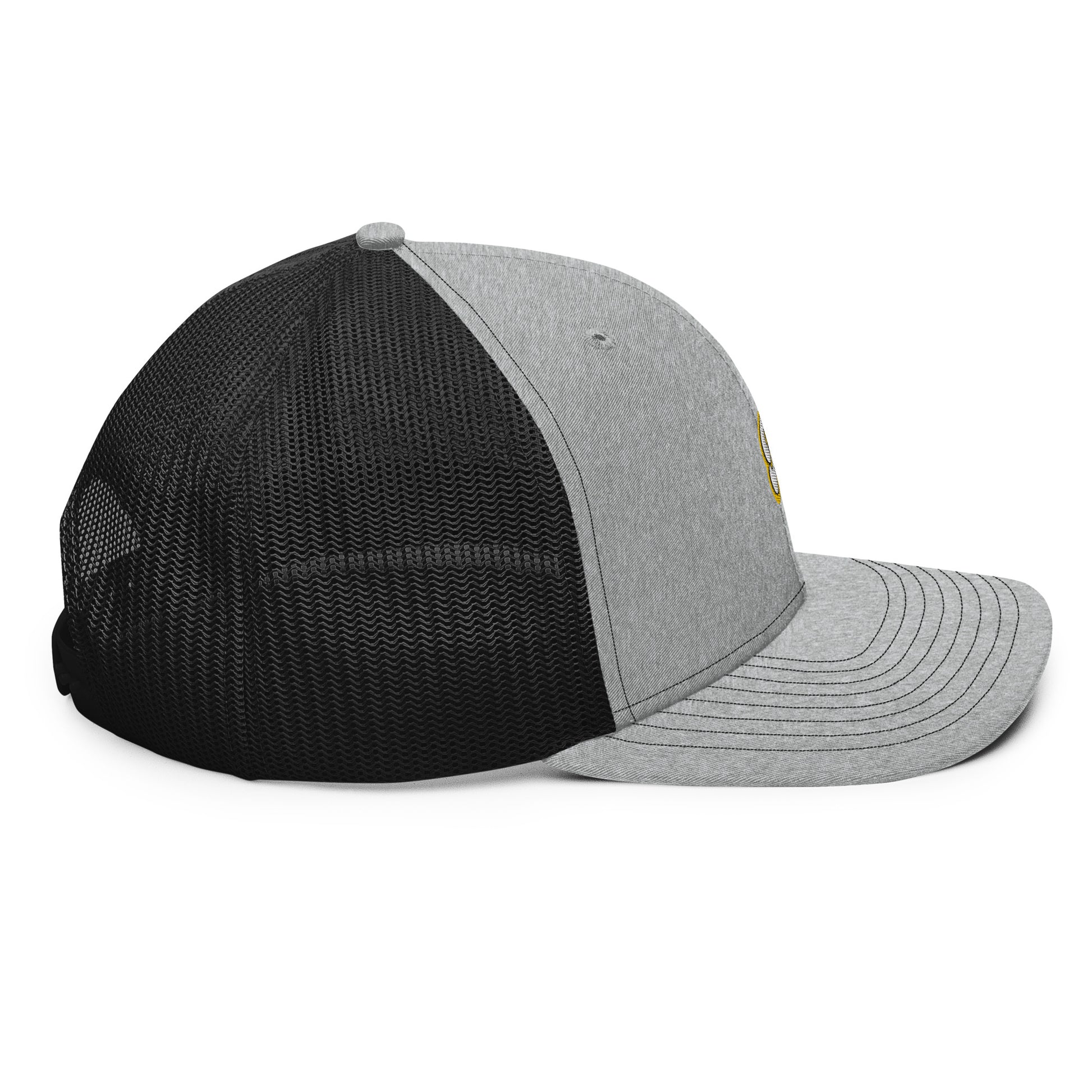 a grey and black hat on a white background