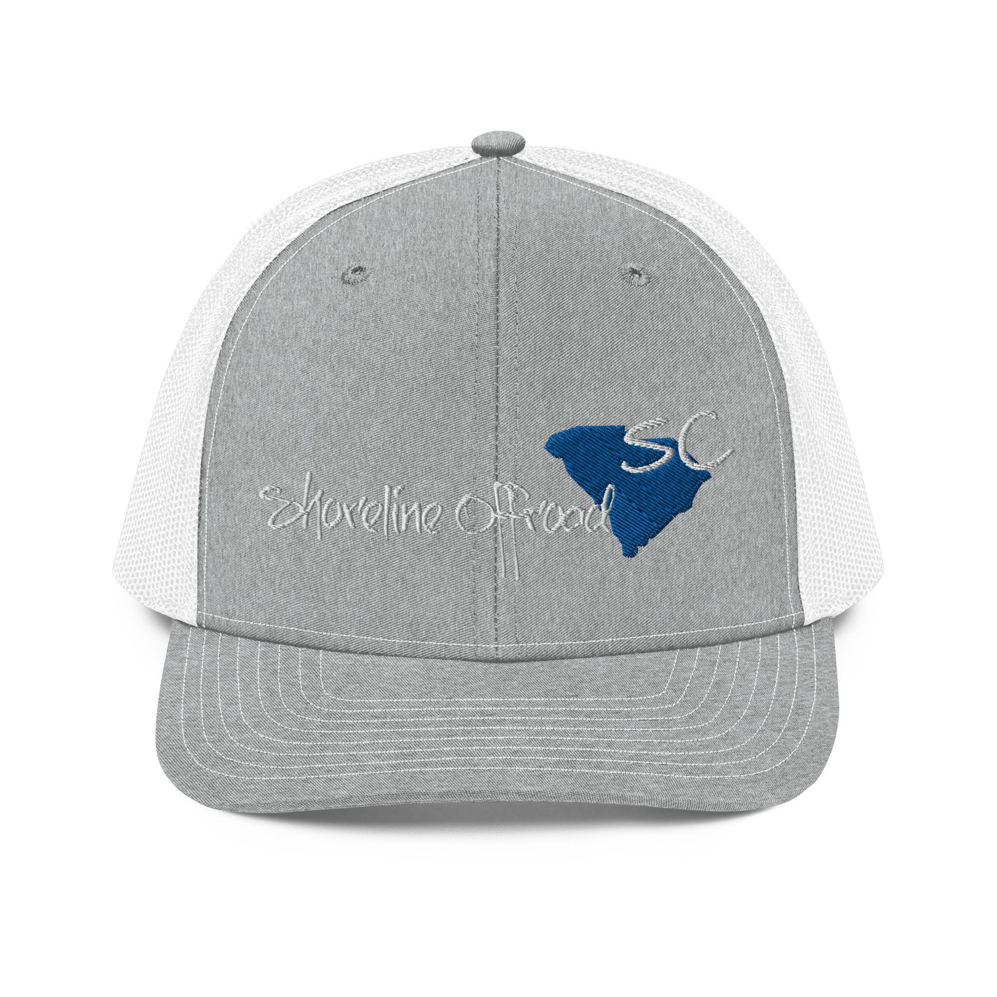 a gray and white trucker hat with a blue and white outline of the state