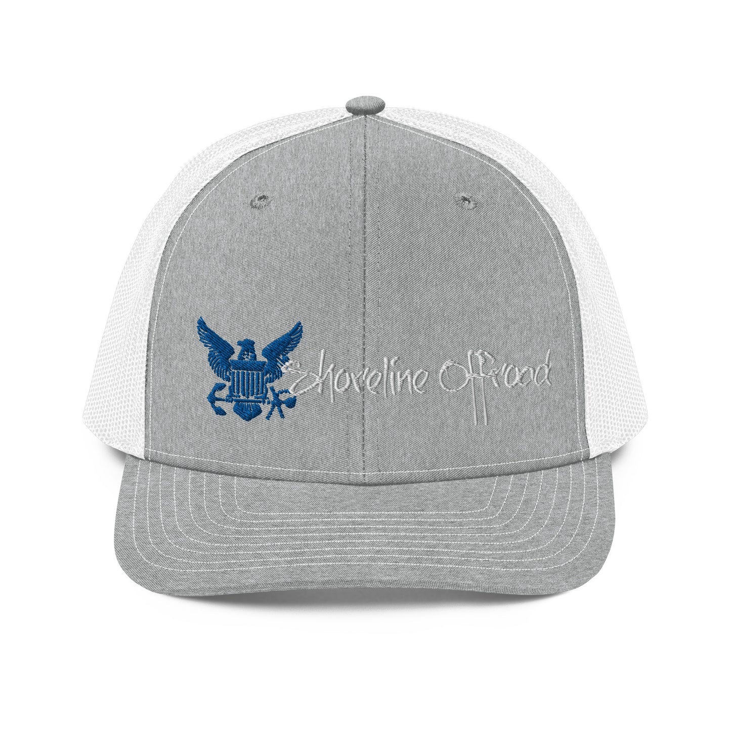 a gray and white trucker hat with an eagle on it