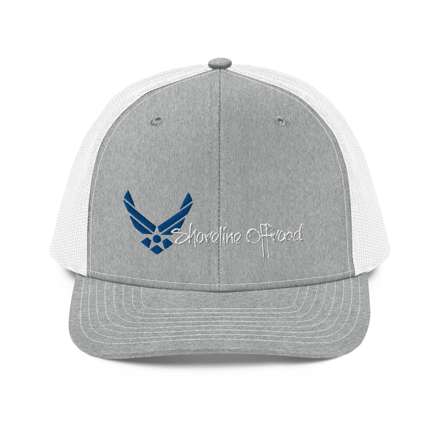 a gray and white trucker hat with an eagle logo