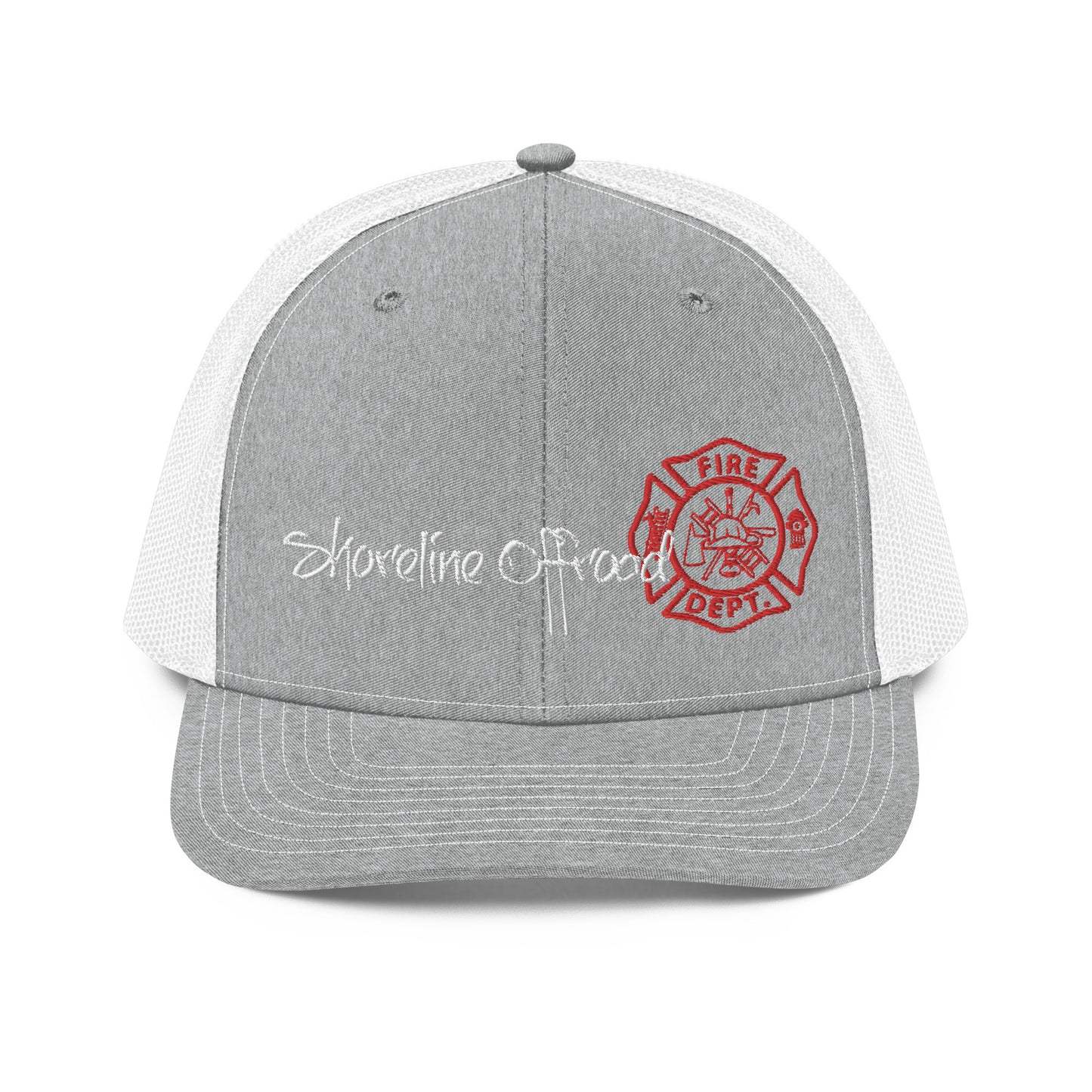 a grey and white hat with a red fire department logo