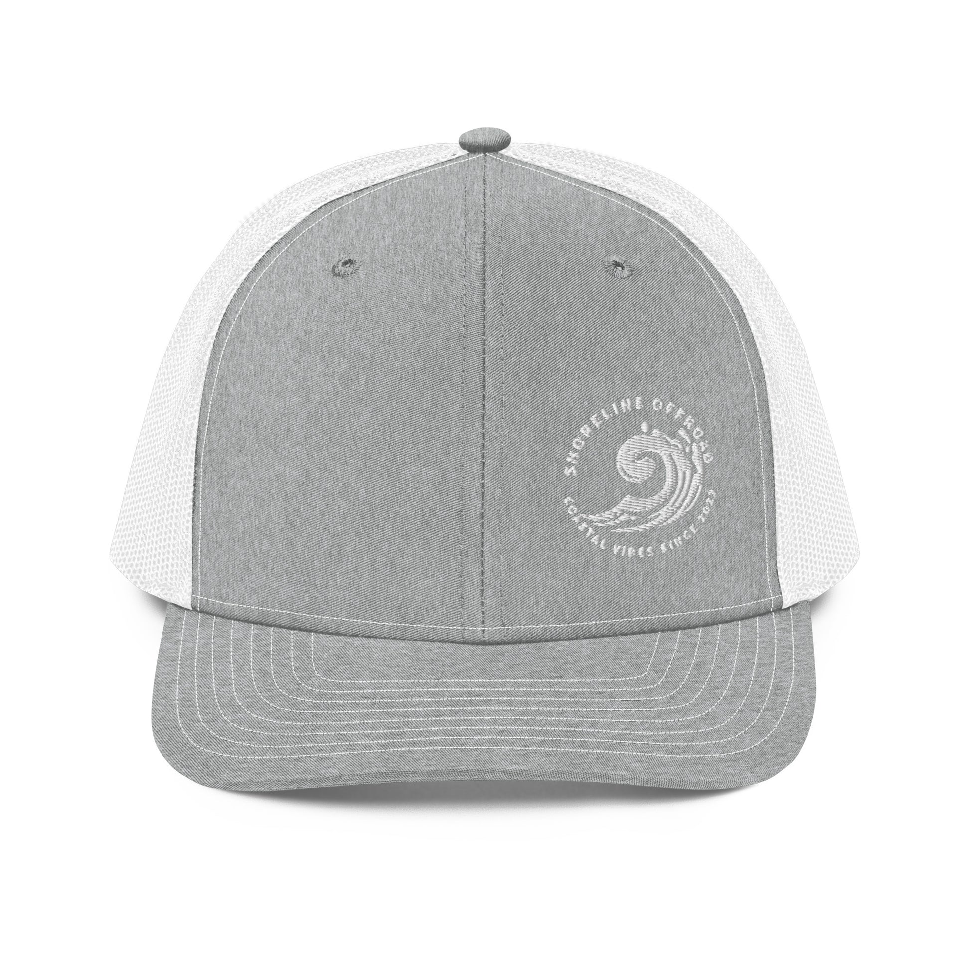 a grey and white trucker hat with a white logo