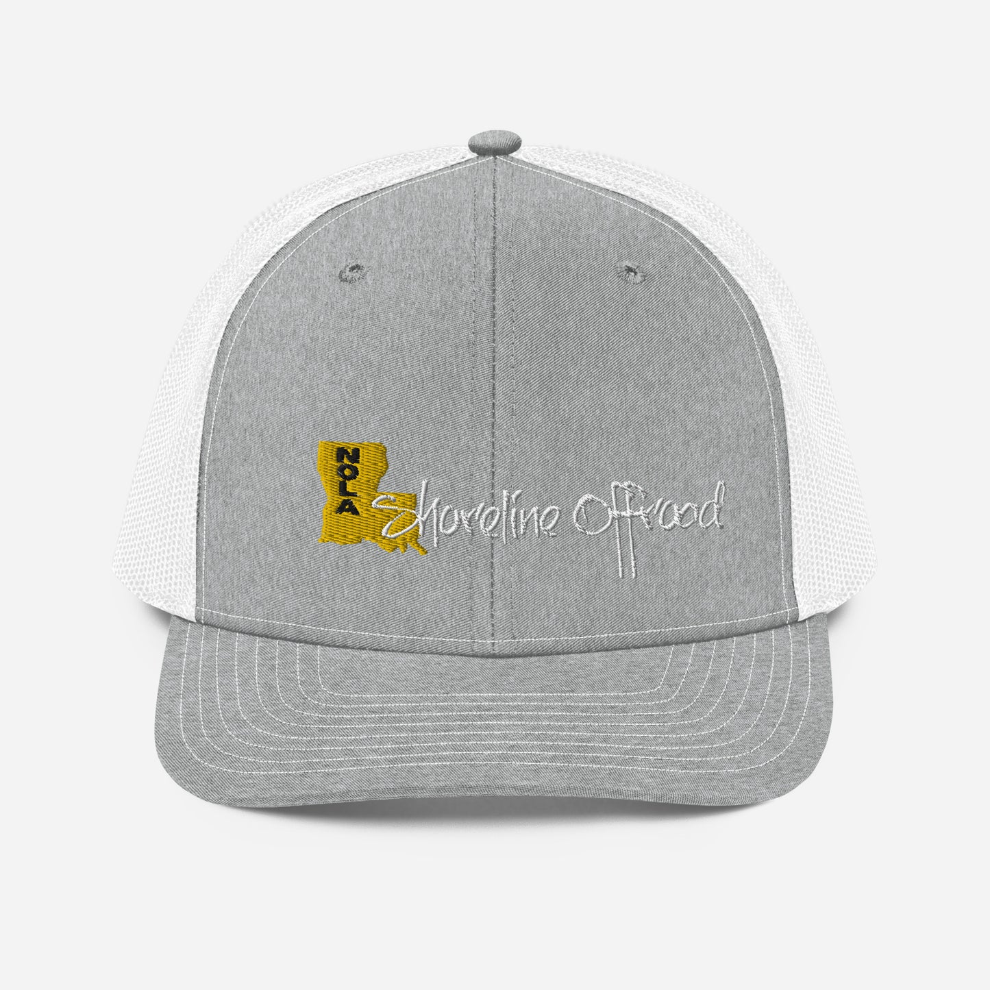 a gray and white trucker hat with a yellow logo