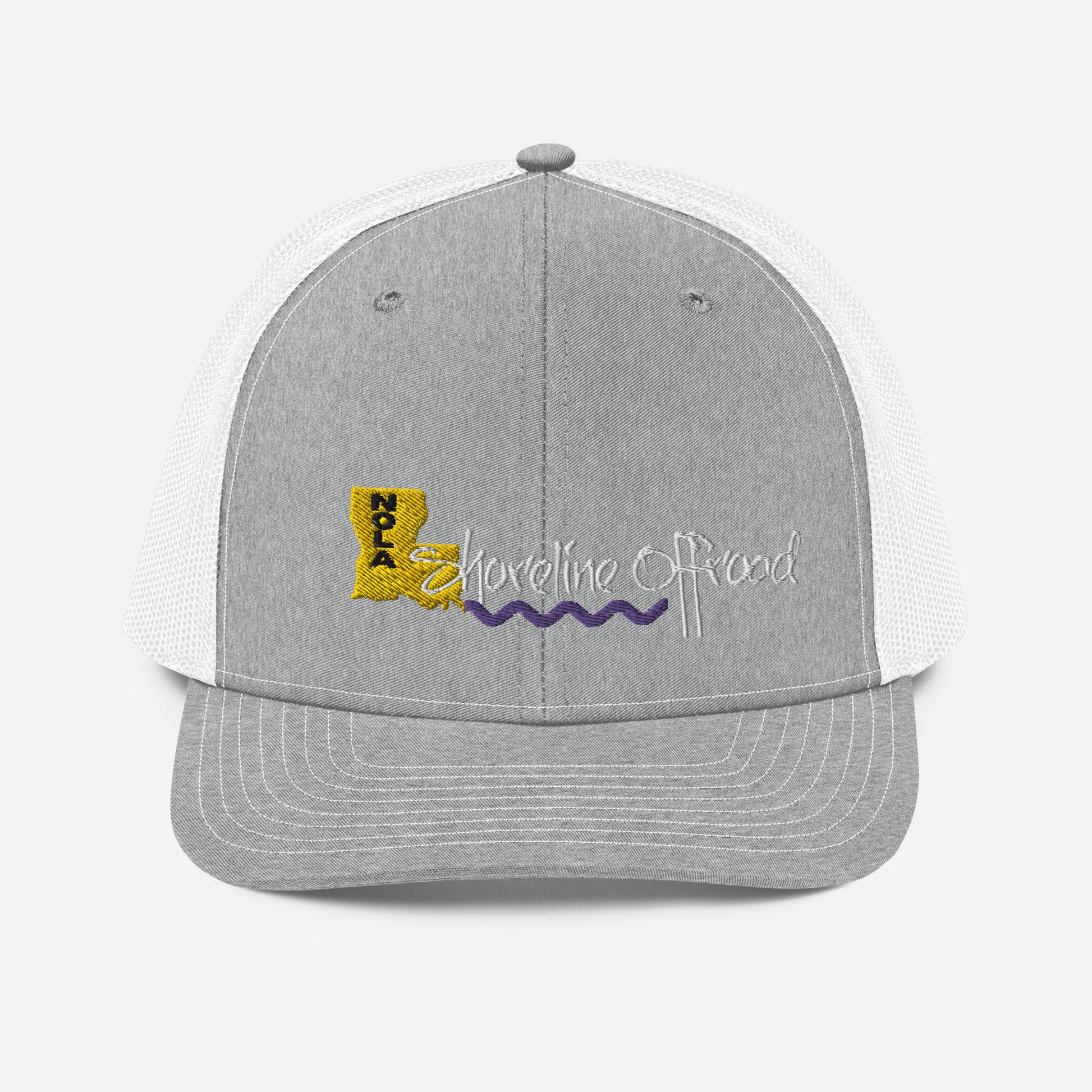 a gray and white trucker hat with a yellow and purple logo