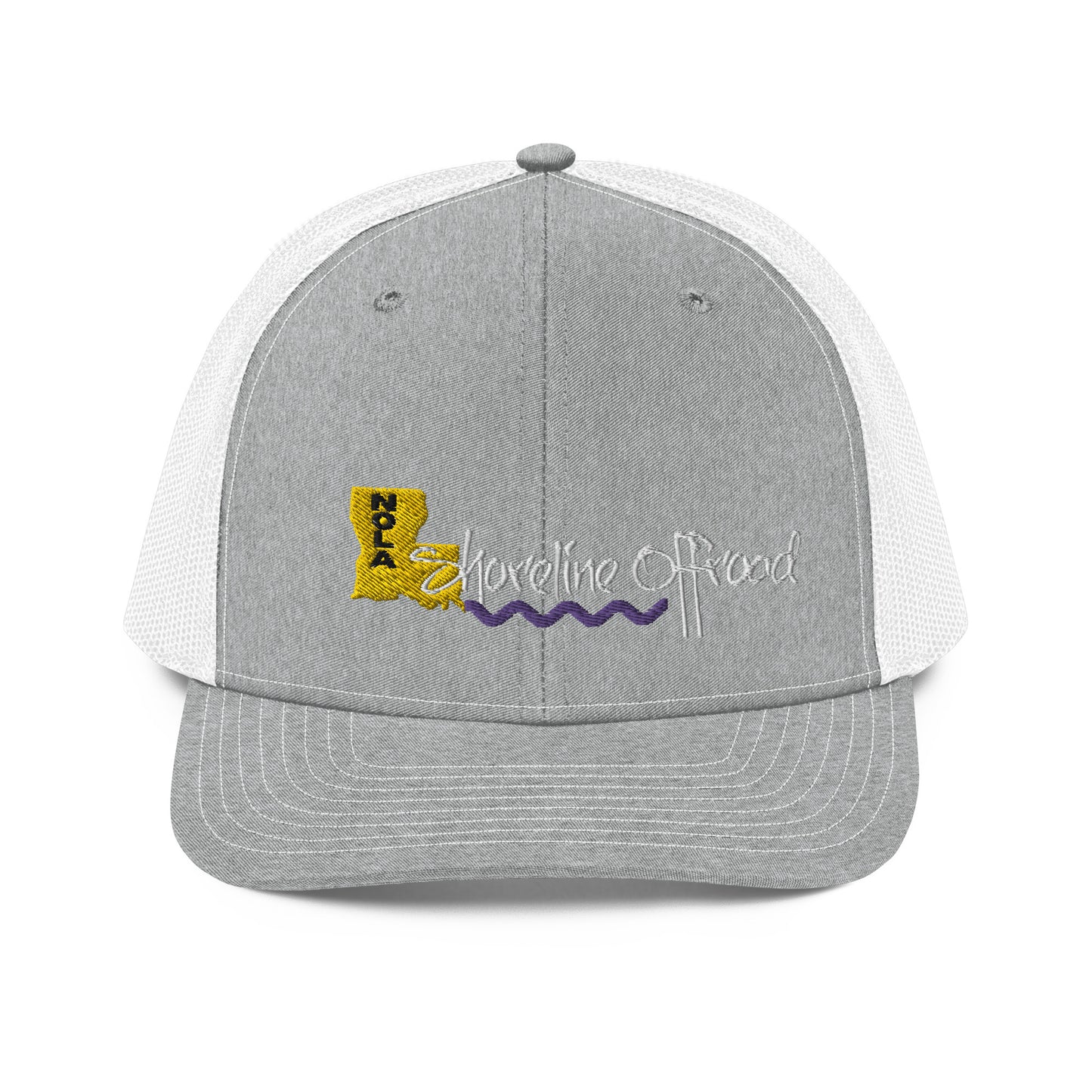 a gray and white trucker hat with a yellow and purple logo