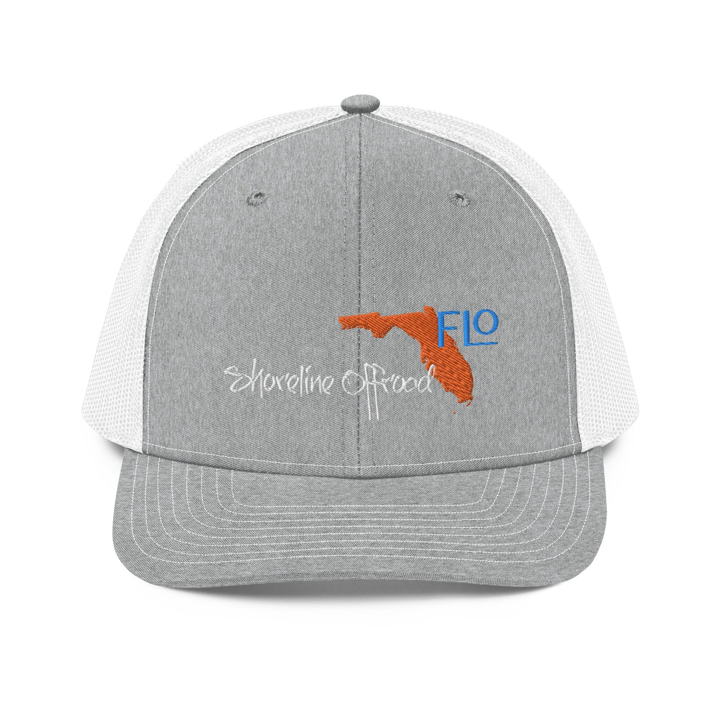 a gray and white trucker hat with an orange bird on it