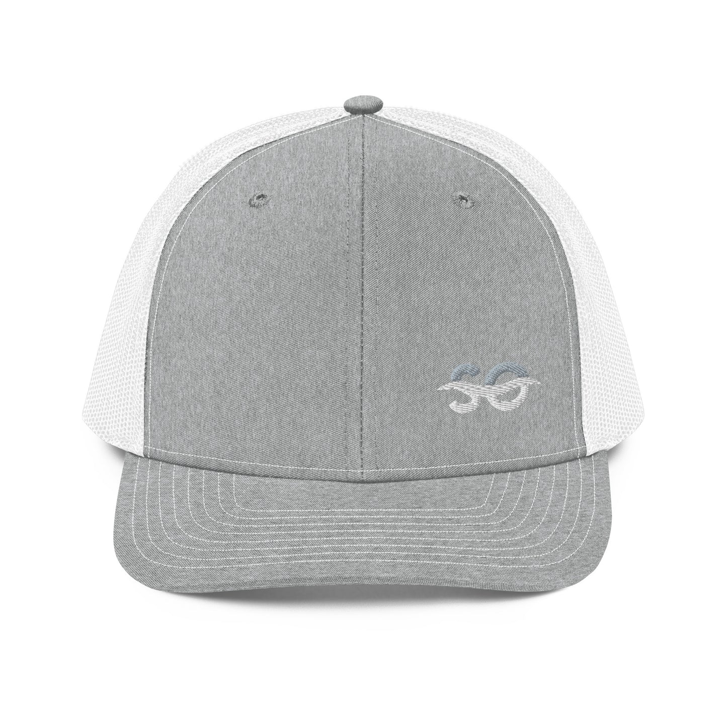 a grey and white trucker hat with a white visor