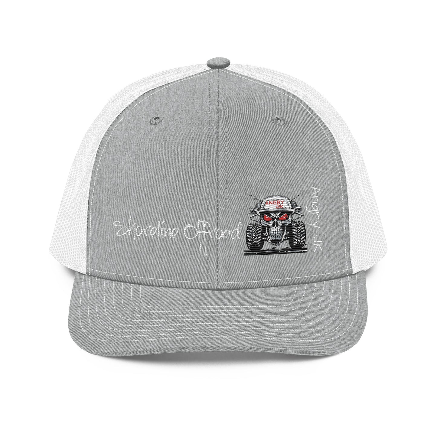 a gray and white trucker hat with a picture of a monster truck