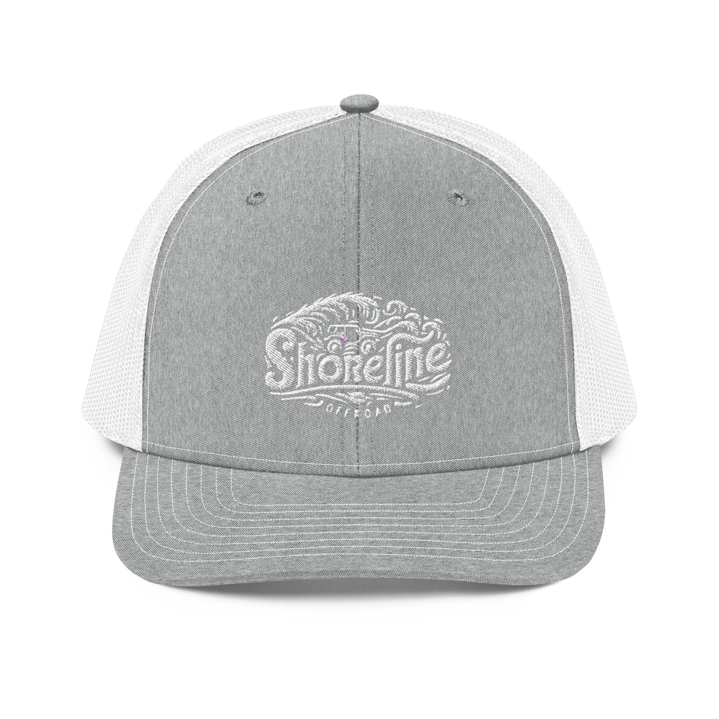 a grey and white trucker hat with the words shoreline on it