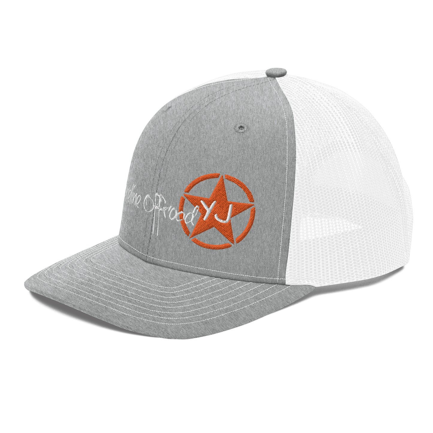 a grey and white hat with an orange star on it