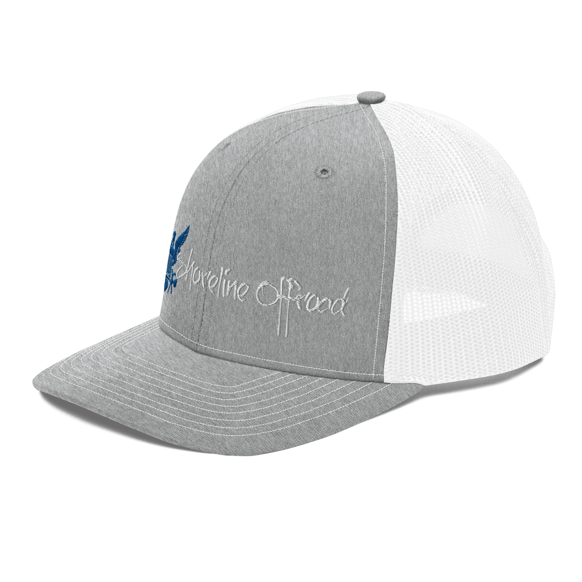 a gray and white trucker hat with a blue whale on it