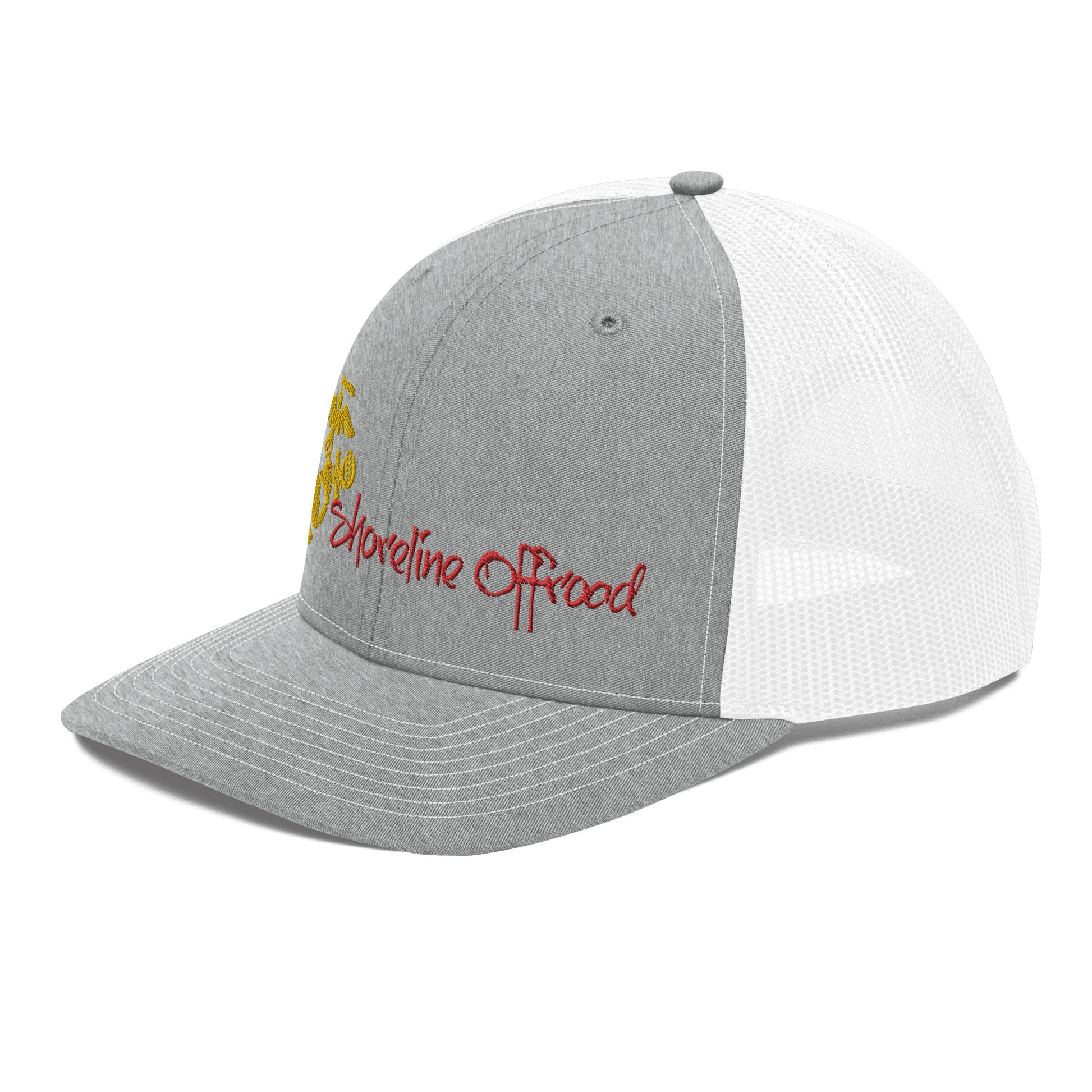 a grey and white hat with a red and yellow logo