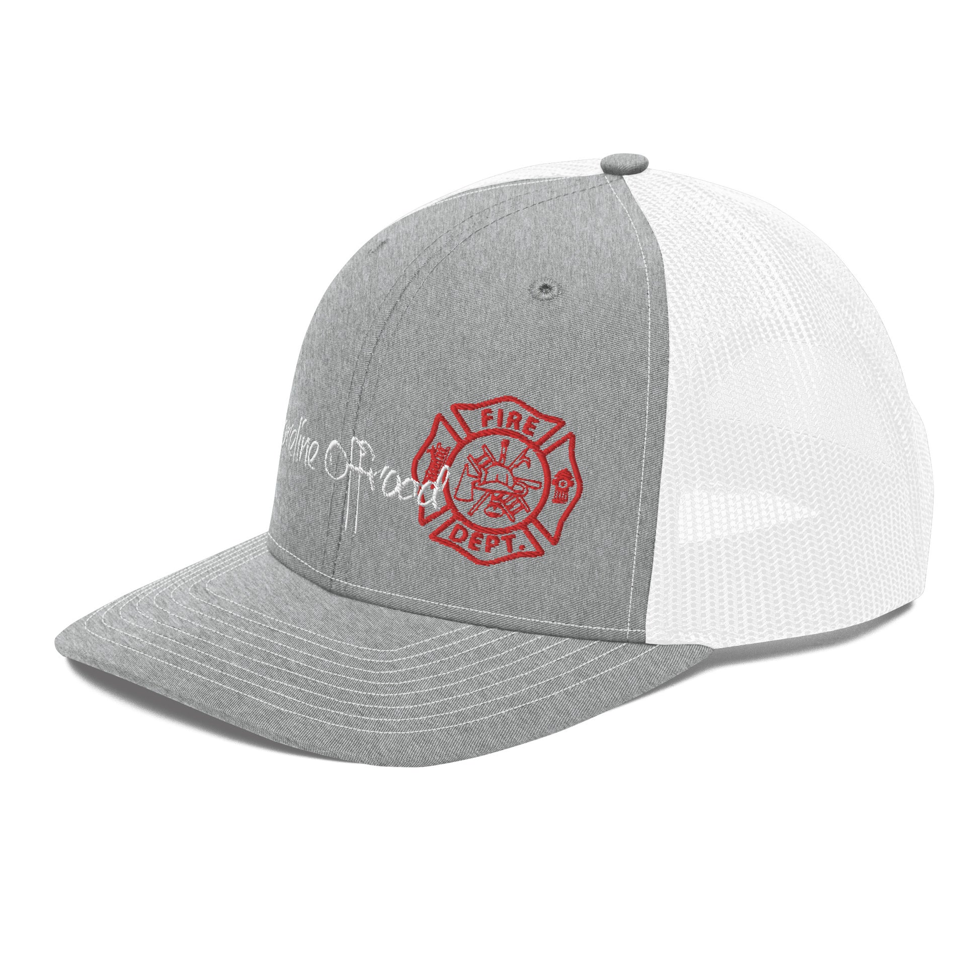 a gray and white fire department hat