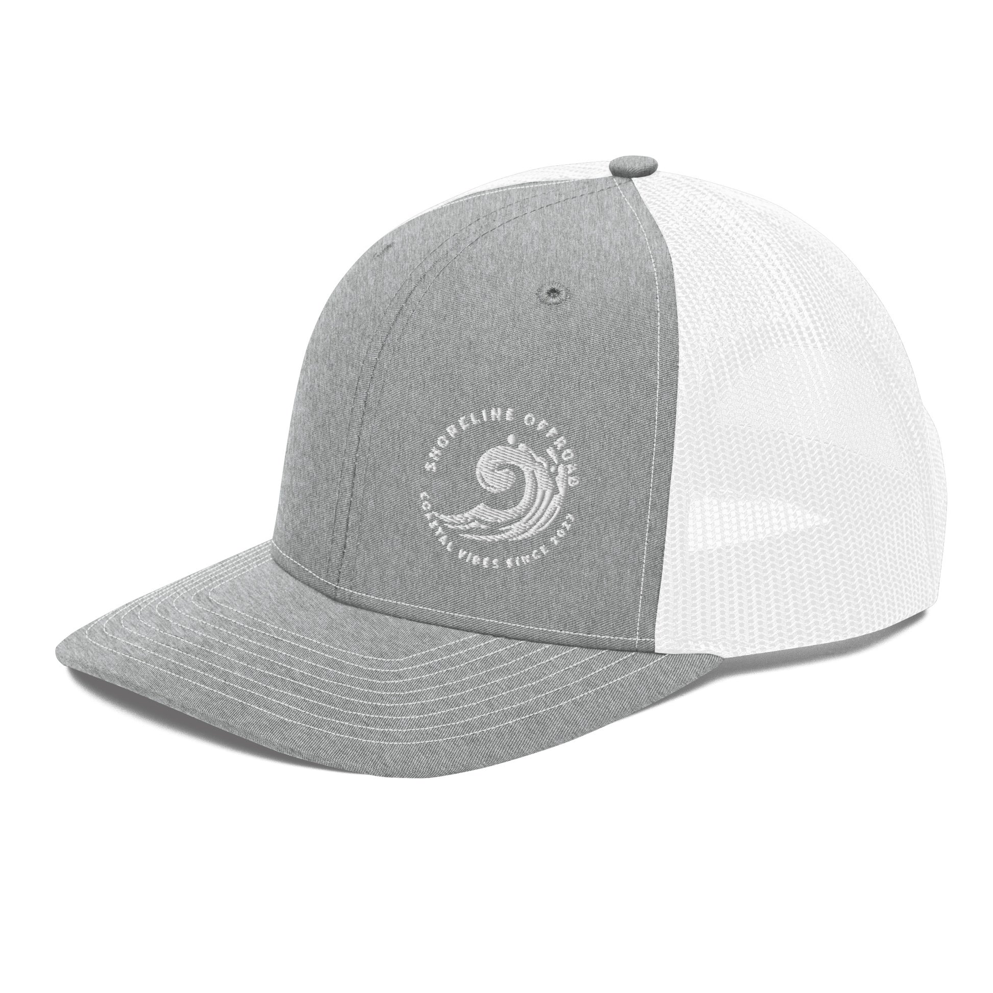 a grey and white hat with a white logo